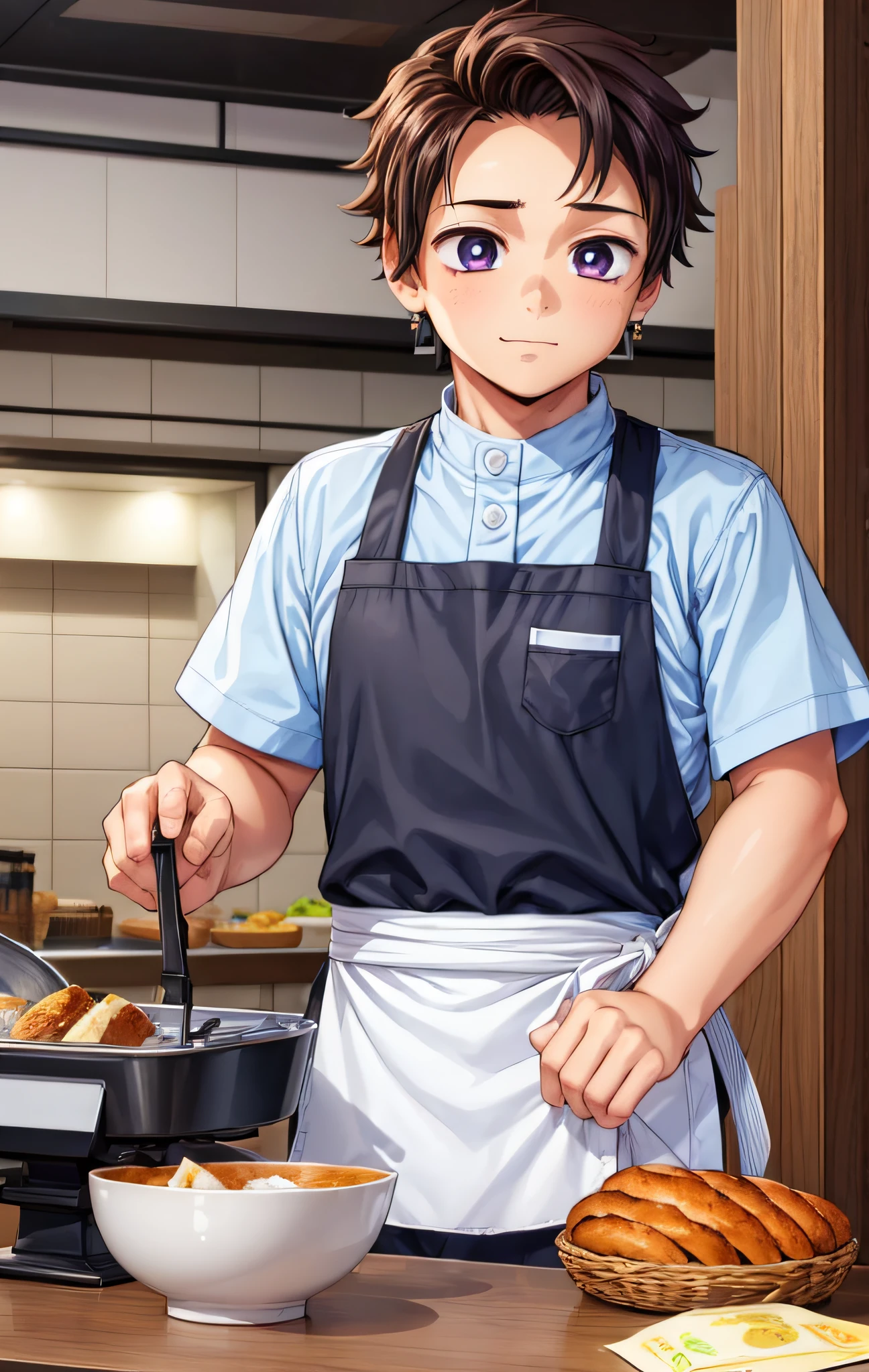 (1 boy:1.4),(Male face details:1.4),eye detailed,Cute,Wearing an apron、baker、kitchin、Hitting the cash register