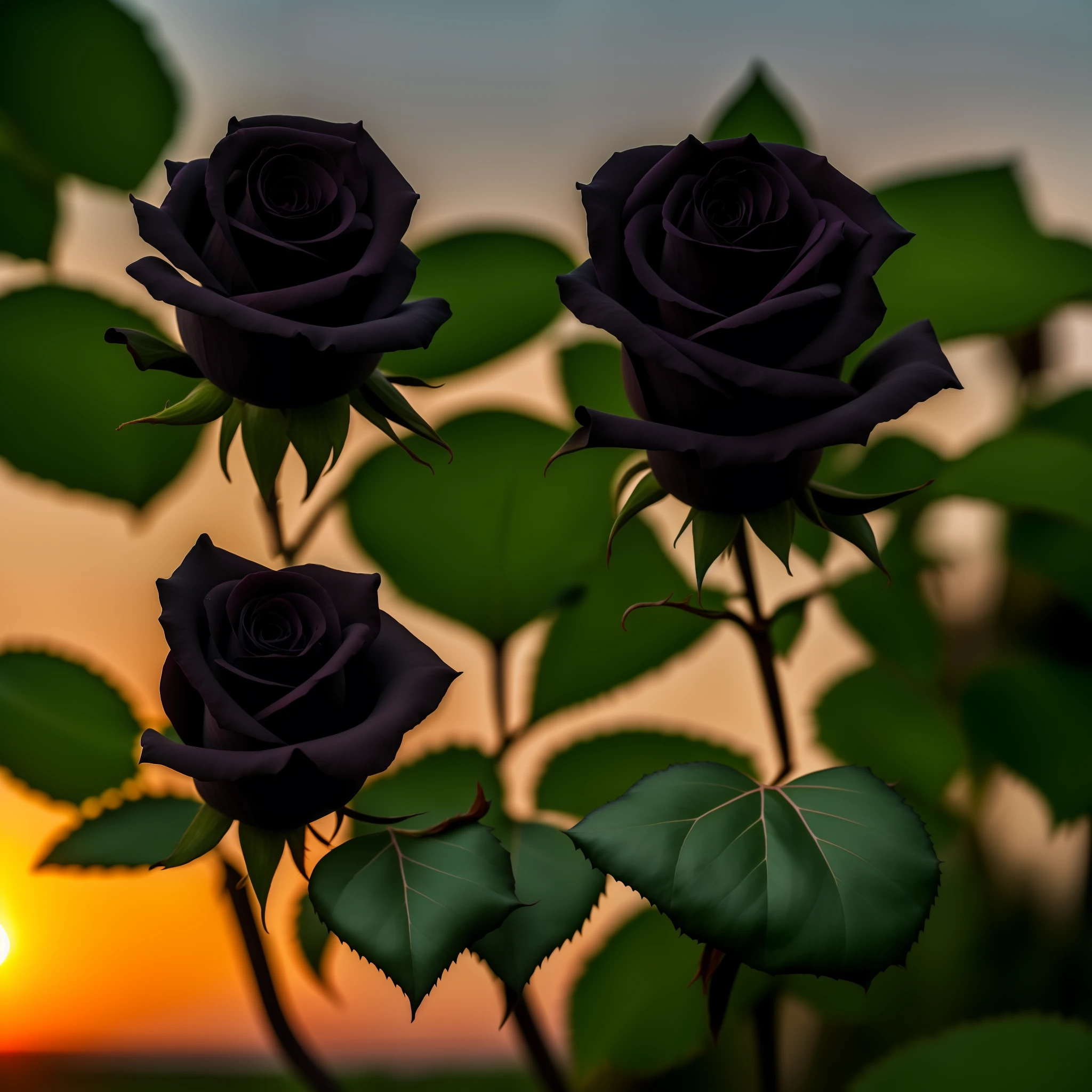 Beautiful black rose plant, Focus on the rose, Blur green background, sunset time, Realistic, Ultra HD