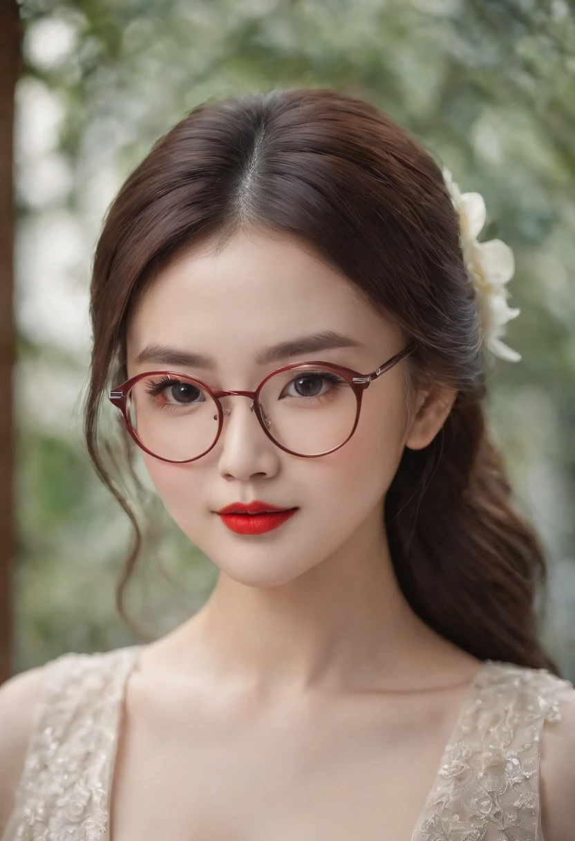Beautiful Chinese Woman,big wavy hair,Red lips,Wearing glasses,Professional Dresses,Whitening skin,Melon Seed Face,long eyelashes,closeup cleavage