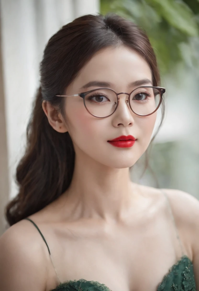 Beautiful Chinese Woman，big wavy hair，Red lips，Wearing glasses，Professional Dresses，Whitening skin，Melon Seed Face，long eyelashes，closeup cleavage