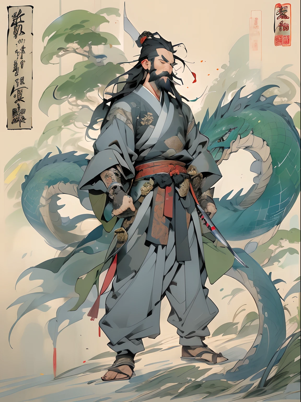(((China-style,Ink painting method,Half-length portrait,Intense color,Han dynasty, China,Hanfu,Armor,Guan yu,Guan Yunchang,of a guy,Ruddy killing square face,Hold the Blue Dragon Moon Knife in his right hand,Stroke your beard with your left hand,Long hair,petty eyes,Green robe))), (((best qualityer))), (((tmasterpiece))), (((AS-Adult))), ((( Japanese ))), Look up from your knees, Handsome Asian samurai,perfect body figure, Modern samurai, ((( Asian))), Wear gloves on your hands,The left arm is made of steel and metal tips,Made of protective devices, The eyes are pulled, (( Appears below the chest )), (( Small dental floss )), Simon Bisley, Almost naked(Simon Bisley)Castle City Wilderness,For high-resolution posters, hair straight, Minimum clothing, armure (Crazy clothes ), Full of tips and rivets, tribal tattoos, (((full bodyesbian))), Straight brunette hair,Colored hair ends