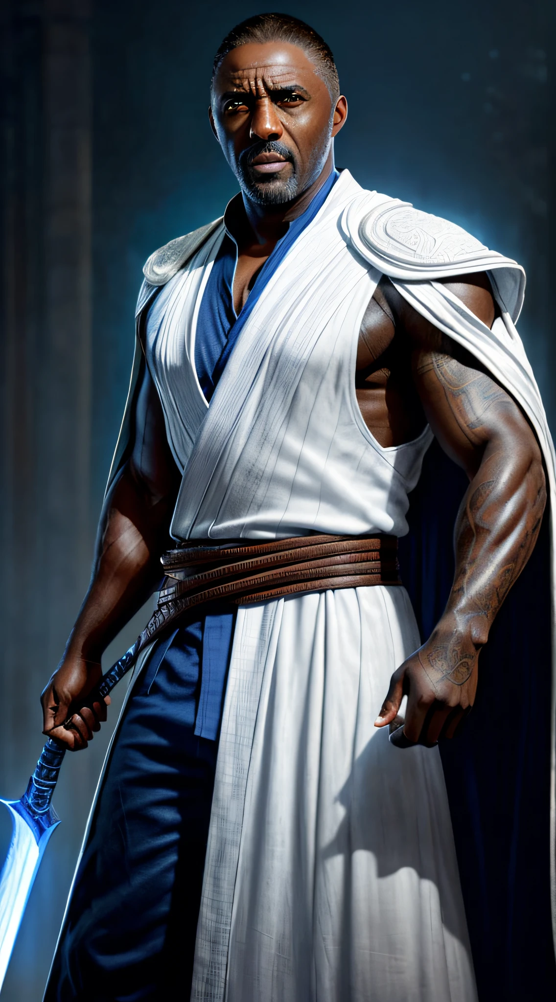 actor ((Idris Elba)) as Raiden, Mortal Kombat, wears white robe, a vietnamese hat, glowing blue eyes, wields staff, God of Thunder, protector of Earthrealm, intricate, high detail, sharp focus, dramatic, photorealistic painting art by greg rutkowski