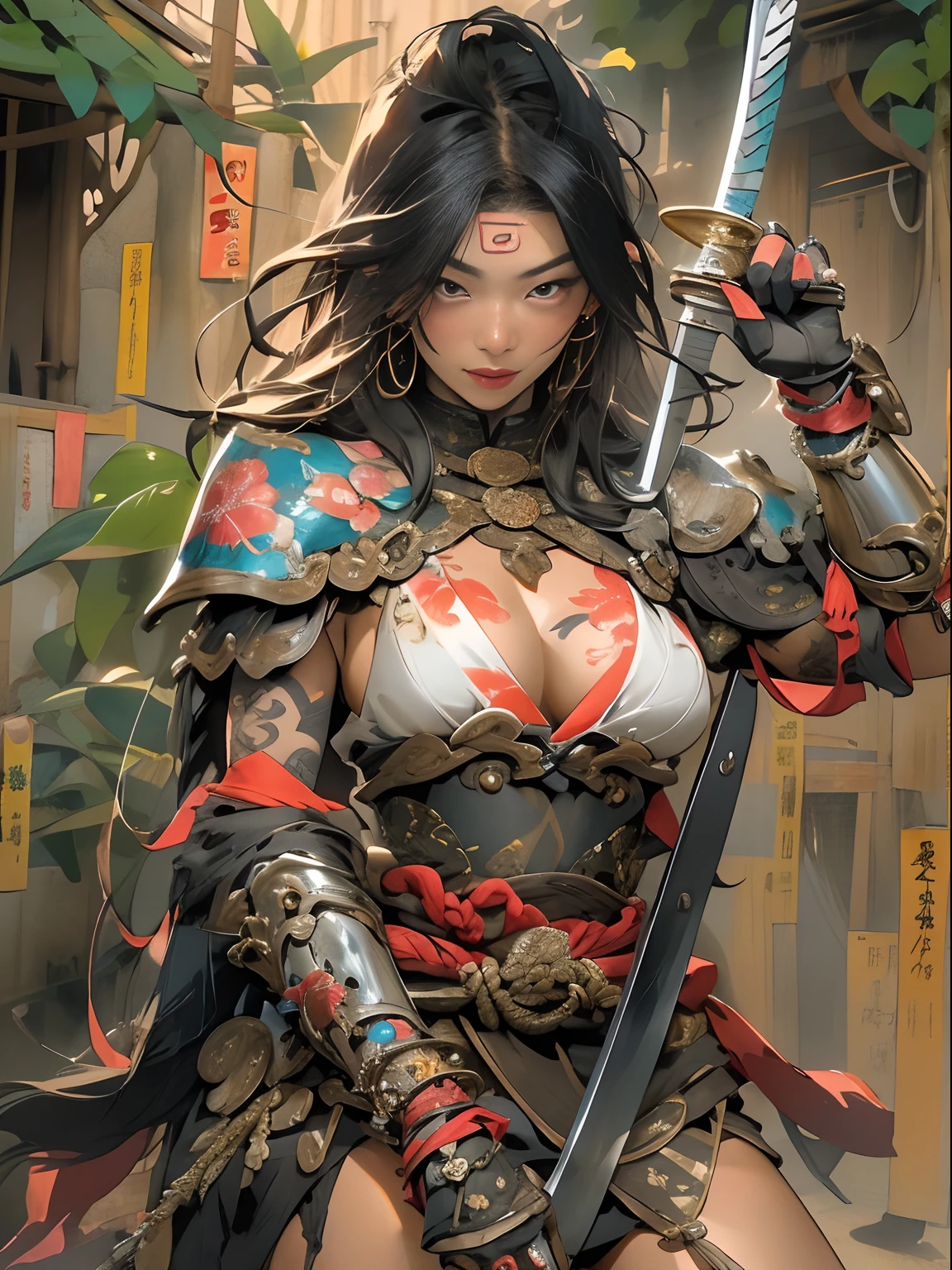 (((woman))), (((best qualityer))), (((tmasterpiece))), (((AS-Adult))), ((( Japanese ))), Look up from your knees, A beautiful asian samurai woman with perfect body, Modern samurai, ((( Asian))), Wear gloves on your hands，The left arm is made of steel and metal tips，Made of protective devices, The eyes are pulled, (( Appears below the breast )), (( Small dental floss )), Simon Bisley, Almost naked（Simon Bisley）Castle City Wilderness，For high-resolution posters, hair straight, Minimum clothing, armure (Crazy clothes ), Full of tips and rivets, tribal tattoos, (((full bodyesbian))), Straight brunette hair，Colored hair ends