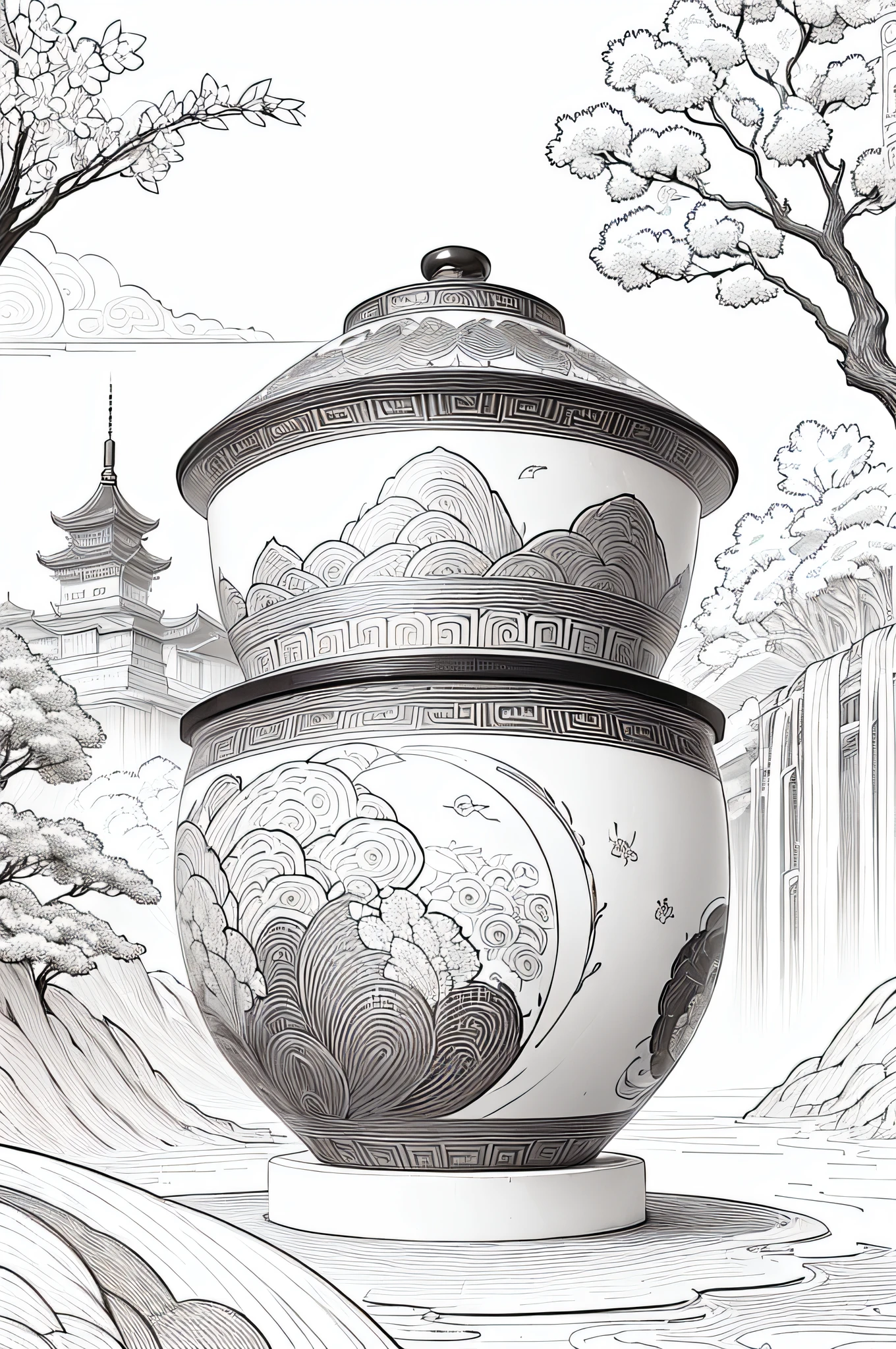 (Cloisonnism:1.2), White background ,The Scenery of Summer in China, Oriental elements, reasonable design, Clear lines, (lineart, monochrome)