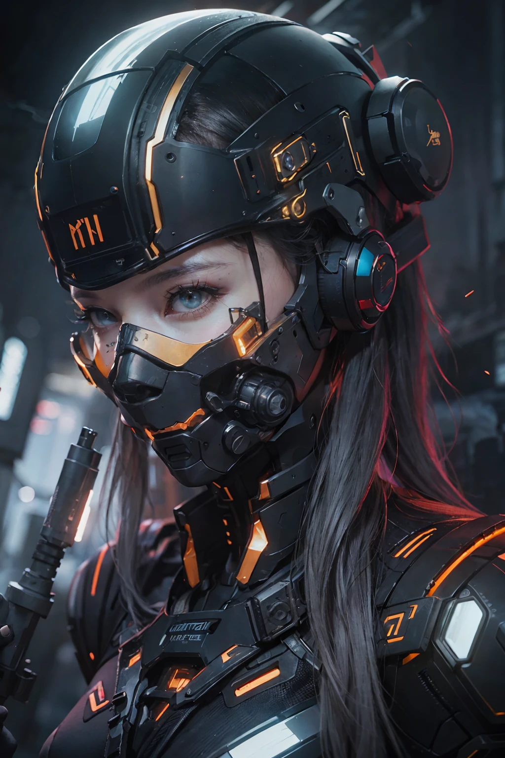 Beautiful Cyborg Warrior, Long whit hair，cyberpunk augmentation, cyber wear, cyborgs, Carbon fiber, chrome plating, implants, metal skull, Cyberplate Armor, metalictexture，Biofluorescence，golden colored，Red Core，(Dark atmosphere:1.2), (heavy fog & Smoke), (a dark night:1.3), (disheveled hair of dark medium length:1.1), (eyeshadows:1.1), (beautifully detailed glow:1.2), (Cinematic lighting), intricate detailes, hight resolution, rounded eyes, detailed facial features, Sharp Focus, ,Aesthetic, detailed dark industrial factory background, stylish pose, Dynamic Pose, (dramapaint)，Sexy body，medium breasts⁩，Tall and tall