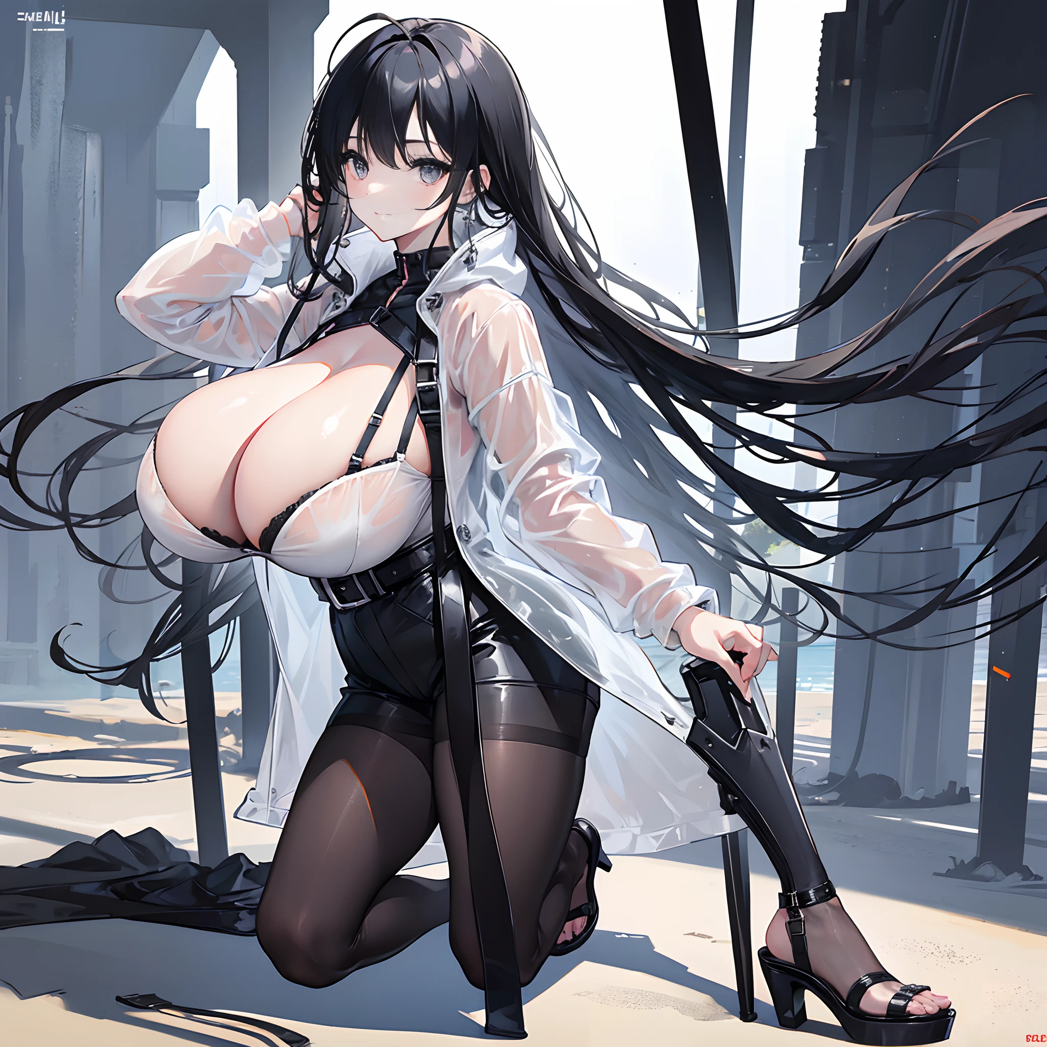 (huge tits:1.3),(((solo))),Clear plastic raincoat,Belt bra,Black pantyhose,Long black hair,Black colored eyes,Black high-heeled sandals,stand on sand,hand behind head,ssmile