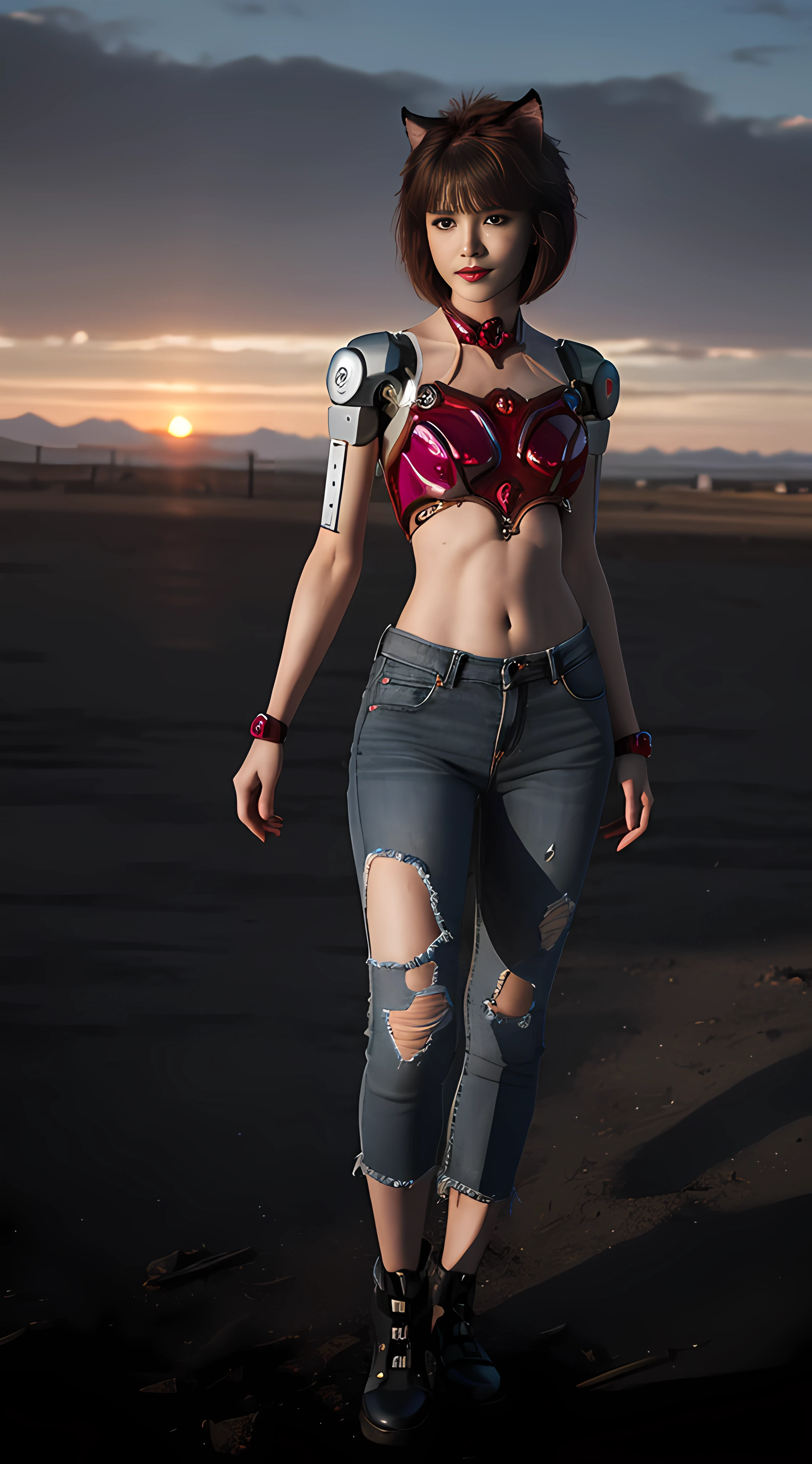 A realistic cinematic shallow focus scene of a cute young biomechanical naked sexy cyborg kitten female, her full body standing with a fluid movement in a simple barren place with stunning cloudscape and a sunset.

(wearing futuristic clothing (tangerine:0.3) cropped jacket and low cut jeans on top:1) of her (intricately detailed anatomical sculpted biomechanical graphite cyborg arms, intricately detailed anatomical sculpted biomechanical graphite cyborg torso, intricately detailed anatomical sculpted biomechanical graphite cyborg legs), (intricately detailed anatomical sculpted biomechanical graphite cyborg kitten ears).

(Anatomically sculpted biomechanical graphite cyborg、Embroidered with elegant and ornate details (ruby gems:1.5), cables, wires and crimson microchips masterful crafted into her female cyborg body)

Slender hot fit body with a gorgeous young round face, expressive big round eyes, lovely full lips, cute small round nose, ([Dark:Red:0.55] short medium bob cut messy hair:1.7), (Kitten ears), (empty hands).

Captured with bright natural light and beautiful vibrant colors. 8k resolution image with a masterful cyberpunk style.

The scene has a strong heroic unconquerable mood, a masterful complete scene of the female full body standing with a happy expression.big tits,yoga pose,white hair
