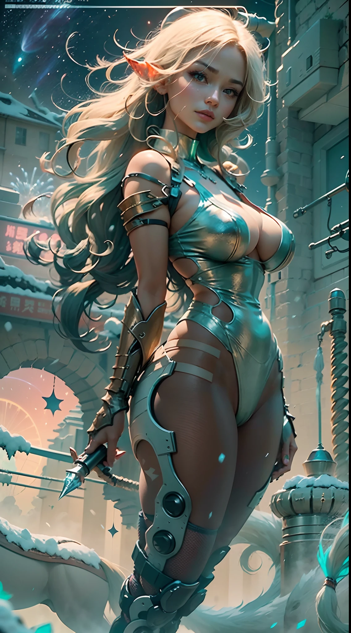 In a very grand scene,The extra-large wide-angle lens captures the appearance of a female centaur。(She is traveling through the stars:9.9),She is tall,It has the ultimate curvy beauty,The muscles are slender and firm,Beautiful lines。Her facial features are tough and coquettish,Always with a sunny smile。She wears special tight-fitting equipment with a strong sense of technology,Step on multifunctional off-road style heels,Delicate and practical protective gear is worn on the hands, feet, wrists, neck and shoulders。The detection equipment around you flashes various cue lights and neon-like information screens,Let her exude a charming brilliance。Use Midjourney's advanced tools,Design special tight-fitting equipment for female centaurs,Highlight her unique physiological characteristics and appearance details,Add realism。And in her adventure scene,Spectacular views of nature,Such as the sky where storms and sunny days alternate、Brilliant rivers of stars and auroras、The snow-capped summit of Mount Everest、Fireworks in the mountain town, etc。ao mesmo tempo,Away from the hustle and bustle of Long Beach Pier is a neon-lit spaceship docked,Create a fantastic scene。Use Midjourney's advanced tools and multiple color palettes、Brush Strokes、Texture tools and model packages,It shows a sense of atmosphere where beauty and charm coexist。The charm of the female centaur is highlighted through color and lines,Enhance realism with detailing,Create a surreal dreamy feeling。Additionally,Use Midjourney's tools to add a variety of extreme sports gear and cultural trinkets to the female centaur,Create intricate hairstyles and outfits,Give her a sense of premium。She never flinches,Regardless of the terrain,can respond quickly,Even the extreme geography and dangerous terrain of aliens cannot stop her。Use Midjourney's powerful tools,You can do it with incredible detail and beauty,Bring this ultra-grand and beautiful scene to life。Ultra-grand scenes,super wide shot, hdr,(真实感,Masterpiece quality,