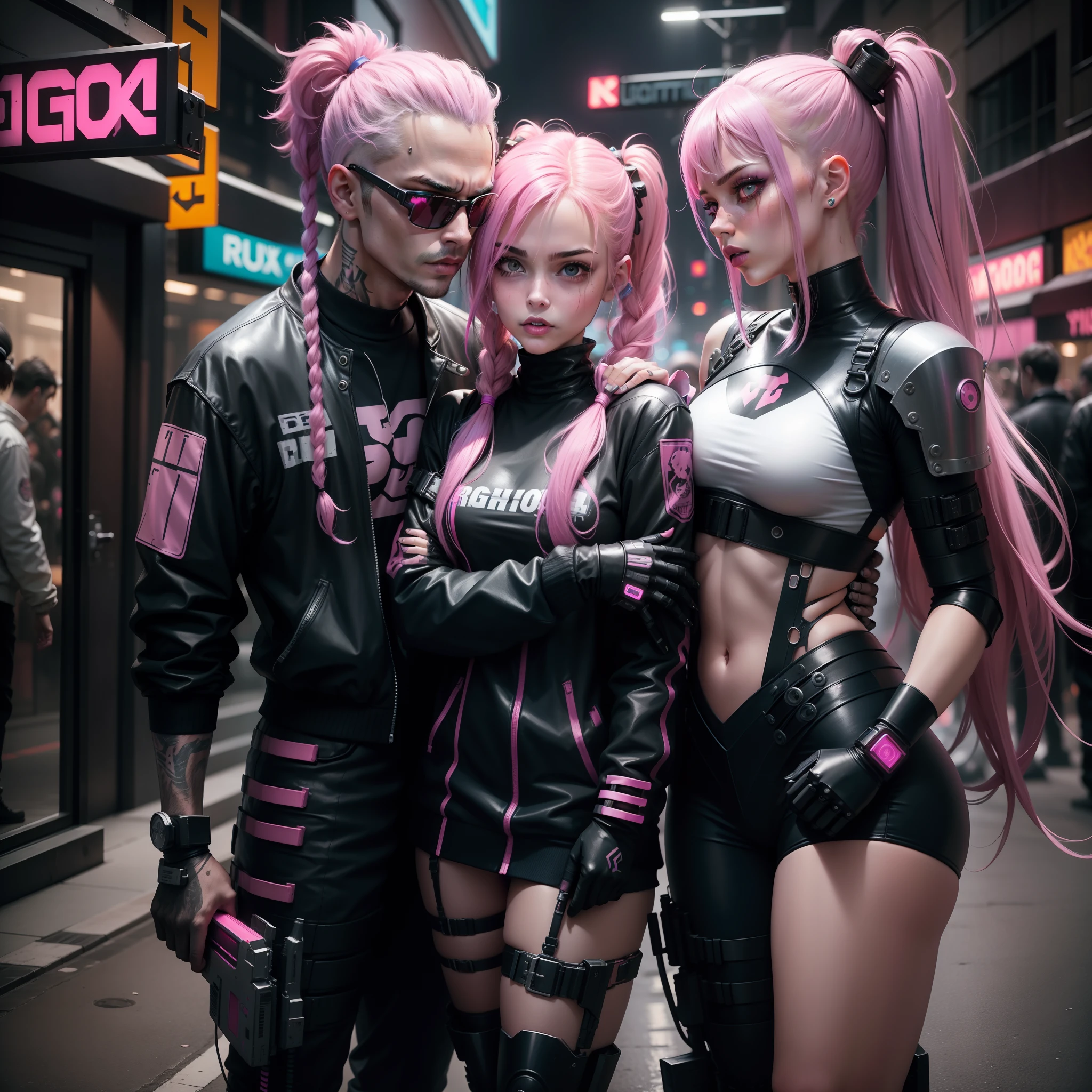 A girl with pigtails and a guy robots of model appearance, passionately kissing full-length lips with weapons, in a cyberpunk costume, with pink dragon tattoo, long pink neon hair, pouty lips, Night Cyberpunk City, neon lights