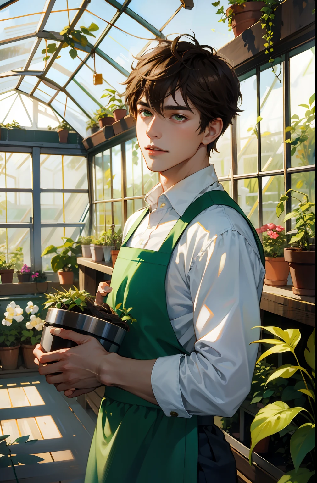 (3D:0.5,realistic:0.5,photorealistic:0.5),(absurdres,Super-resolution,masterpiece,best quality,finely detailed,absurdres:1.2), dramatic light, dramatic illumination, cinematic, anime scenery, makoto shinkai, ghibli, fantasy world, magical, (((1boy))), young male, short hair,(((middle part hairstyle))), (((brown hair color))) irish male, nature, plants, leaves, green, (((portrait picture))), Smile softly, look at the camera, (((green eyes)), (((in greenhouse))) (((wearing garden apron))) (((holding pot of plant))) (((gentleman)))