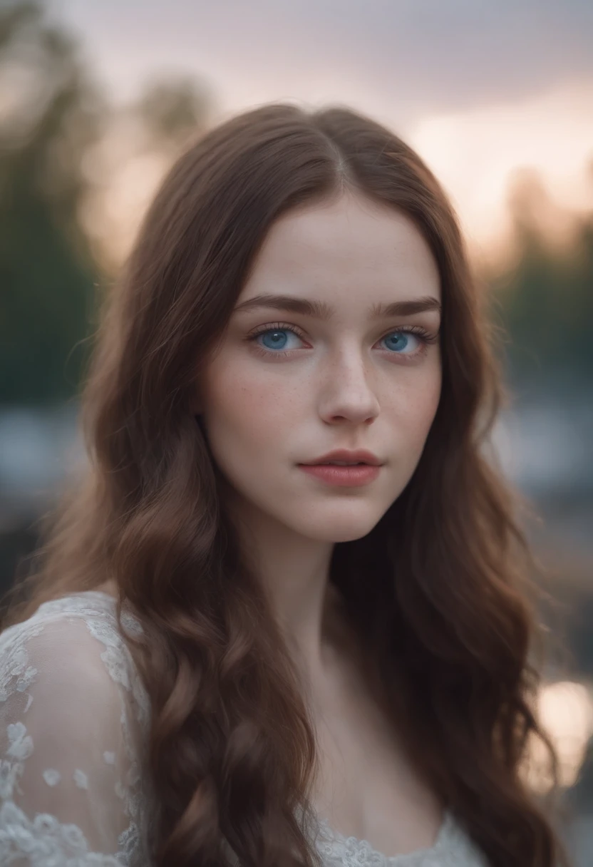 a  girl with Russian features, white skin with freckles on her face, black and wavy hair. with deep blue eyes.,8k.full body  (Super realista) (cinematografico) (8k)