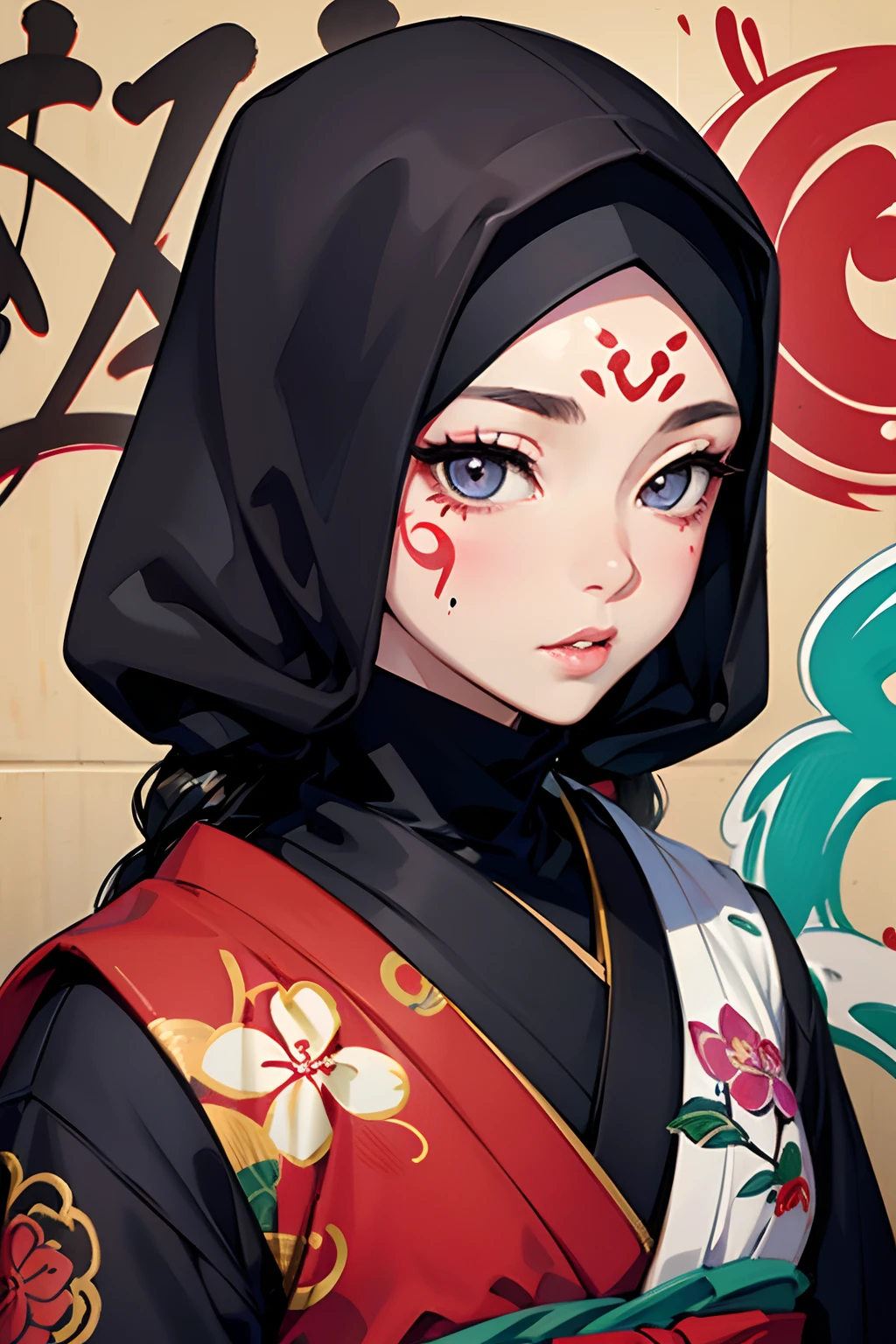 ,1girl, solo, pretty face, eyelashes, nose, glossy lips, (detailed eyes, looking at viewer, fair skin, white skin: 1.5), smooth skin, wearing hijab, 8k portrait of beauty in hijab, intricate, graceful, highly detailed, majestic, digital photography, hyper realistic, Masterpiece, Best Quality, All parts of the body except the face and hands are covered with clothing, Tudung, ((do not let the hair come out of the hijab)), full hijab, ((all parts of the body covered by clothes except the face)), Best Quality, (graffiti:1.5), inspired by Shunkōsai Hokushū, inspired by Tsukioka Yoshitoshi, inspired by Utagawa Kuniyoshi, inspired by Ryūkōsai Jokei, inspired by Gatōken Shunshi, inspired by Kanō Hōgai, ethnic style, traditional clothing, vibrant patterns, handmade textiles, cultural motifs, beaded jewelry, artisanal accessories