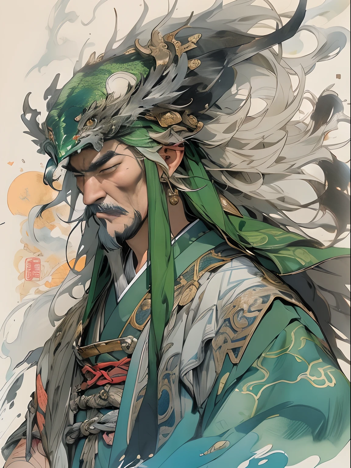 (((China-style，Ink painting method，Half-length portrait，Intense color，Han dynasty, China，Hanfu，Armor，Guan yu，Guan Yunchang，of a guy，Ruddy killing square face，Hold the Blue Dragon Moon Knife in his right hand，Stroke your beard with your left hand，Long hair，petty eyes，Green robe))), (((best qualityer))), (((tmasterpiece))), (((AS-Adult))), ((( Japanese ))), Look up from your knees, Handsome Asian samurai，perfect body figure, Modern samurai, ((( Asian))), Wear gloves on your hands，The left arm is made of steel and metal tips，Made of protective devices, The eyes are pulled, (( Appears below the chest )), (( Small dental floss )), Simon Bisley, Almost naked（Simon Bisley）Castle City Wilderness，For high-resolution posters, hair straight, Minimum clothing, armure (Crazy clothes ), Full of tips and rivets, tribal tattoos, (((full bodyesbian))), Straight brunette hair，Colored hair ends