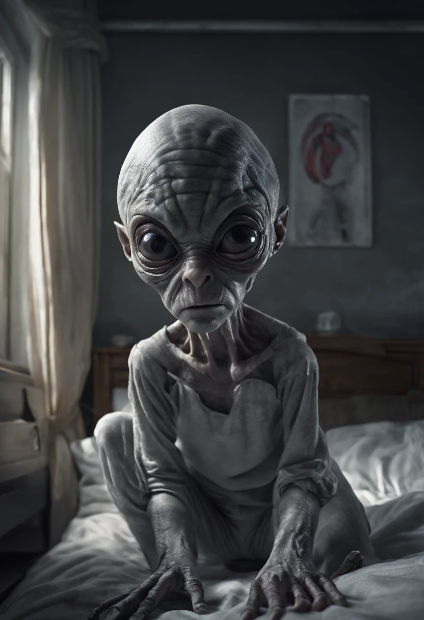 best quality, masterpiece, realistic, ultra detail, photo realistic, hyper realistic camera footage of a gray alien kidnapping a sleeping  in a bedroom, night vision