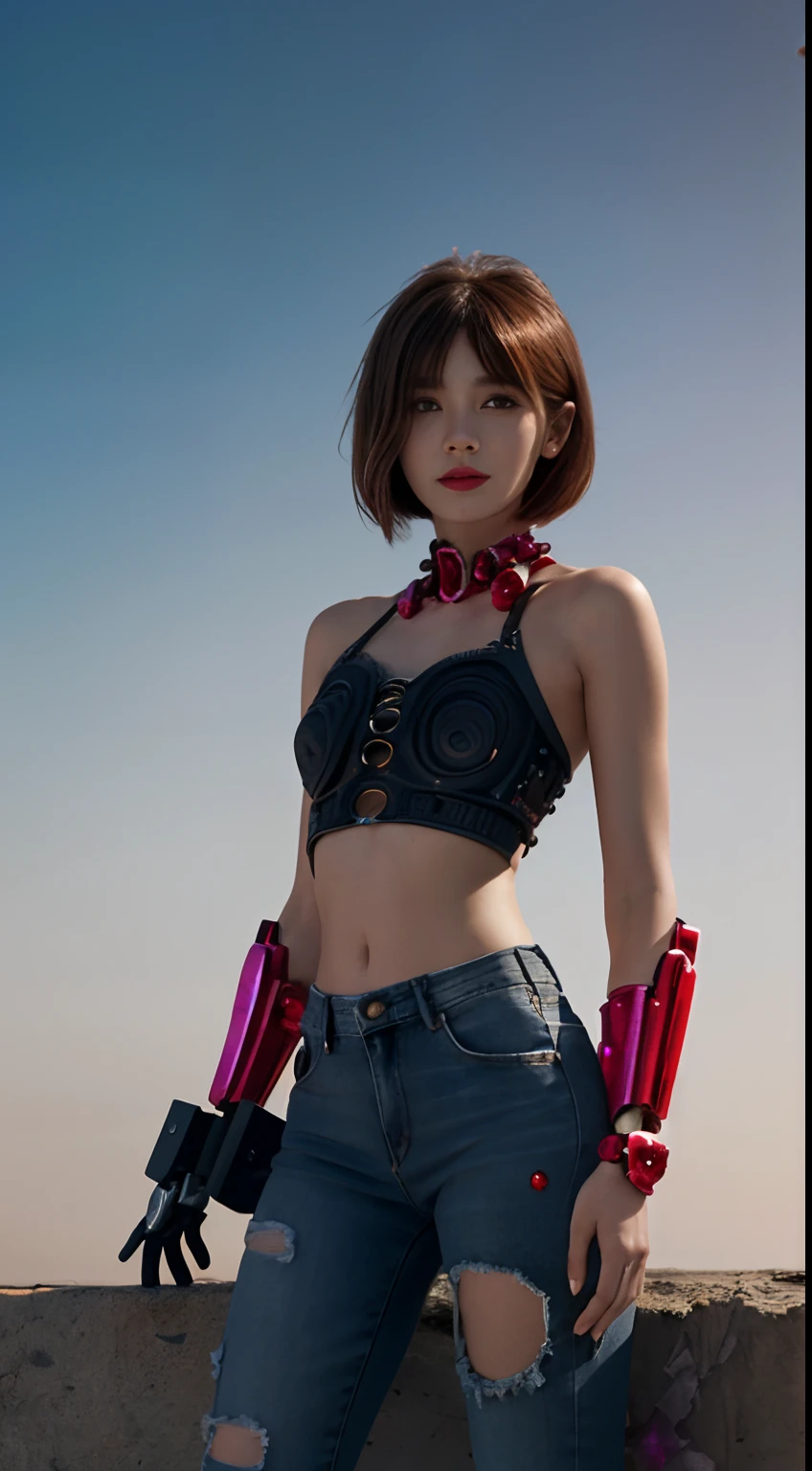 A realistic cinematic shallow focus scene of a cute young biomechanical naked sexy cyborg kitten female, her full body standing with a fluid movement in a simple barren place with stunning cloudscape and a sunset.

(wearing futuristic clothing (tangerine:0.3) cropped jacket and low cut jeans on top:1) of her (intricately detailed anatomical sculpted biomechanical graphite cyborg arms, intricately detailed anatomical sculpted biomechanical graphite cyborg torso, intricately detailed anatomical sculpted biomechanical graphite cyborg legs), (intricately detailed anatomical sculpted biomechanical graphite cyborg kitten ears).

(Anatomically sculpted biomechanical graphite cyborg、Embroidered with elegant and ornate details (ruby gems:1.5), cables, wires and crimson microchips masterful crafted into her female cyborg body)

Slender hot fit body with a gorgeous young round face, expressive big round eyes, lovely full lips, cute small round nose, ([Dark:Red:0.55] short medium bob cut messy hair:1.7), (Kitten ears), (empty hands).

Captured with bright natural light and beautiful vibrant colors. 8k resolution image with a masterful cyberpunk style.

The scene has a strong heroic unconquerable mood, a masterful complete scene of the female full body standing with a happy expression.
