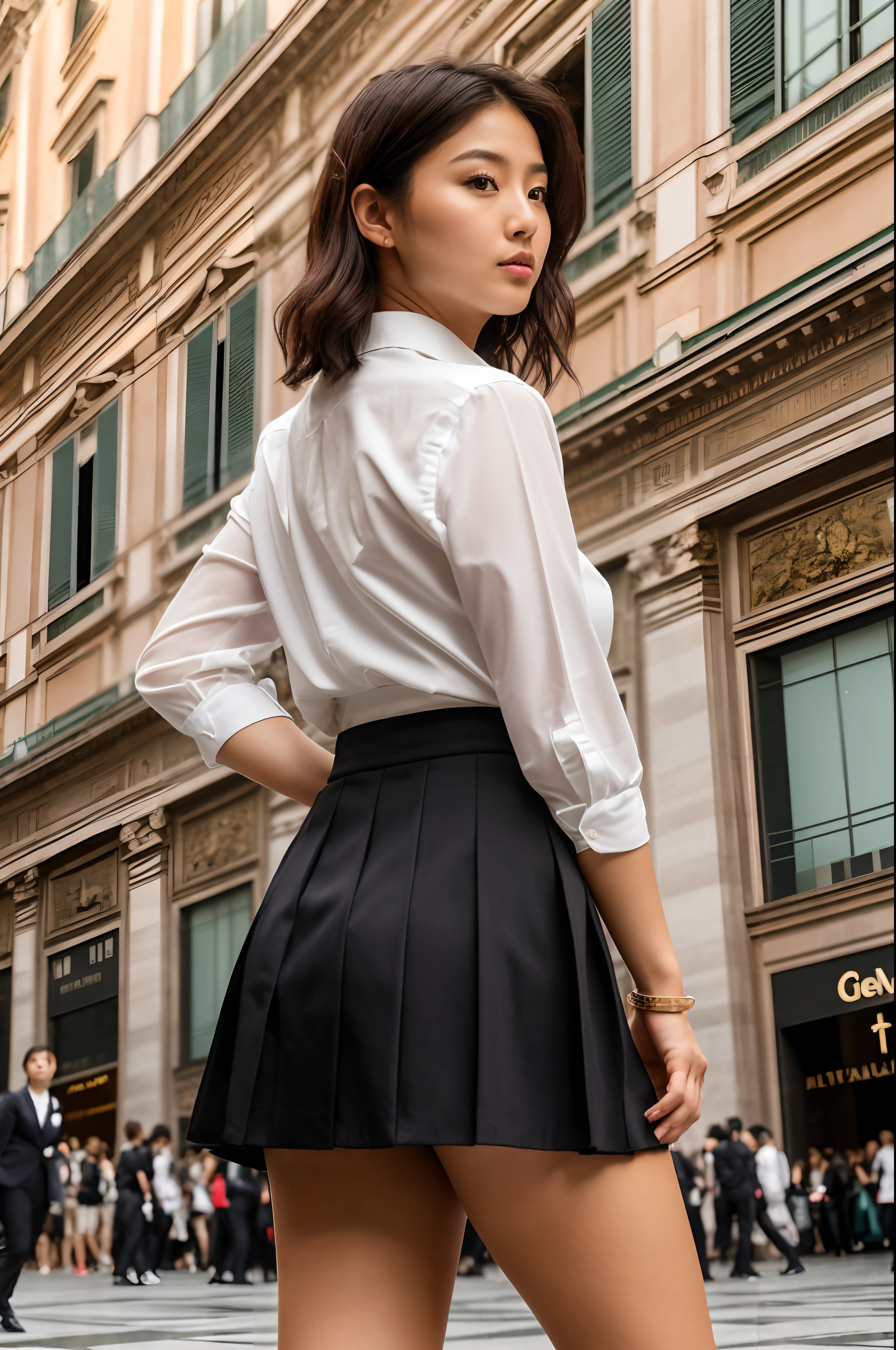 [High Resolution, modelling photography, 8k, long shot, best quality camera lens, sony premium camera], ((there is an ultrarealistic supercute asian woman inside of the famous architecture building of milan italy-galleria vittorio emanuele shopping mall)), cuteness overloaded, beautuful girl anime style girl, short hair, (wearing a tight white premium zara shirt, a collered red tie for the uniform, black knife pleated skirt, black long socks, black high heels), (( woman body : fair skin tone, slim body type, bell-rounded boobs, oval face shape, perfect model face, age 22 years old)), ( hair : black dark wavy hair, messy middle layer hair, short hair length), [professional makeup for photoshoot], (( professional lighting conditions, natural lights] , ((expressions : looking side and low with the face, rich girl attitude emotion))