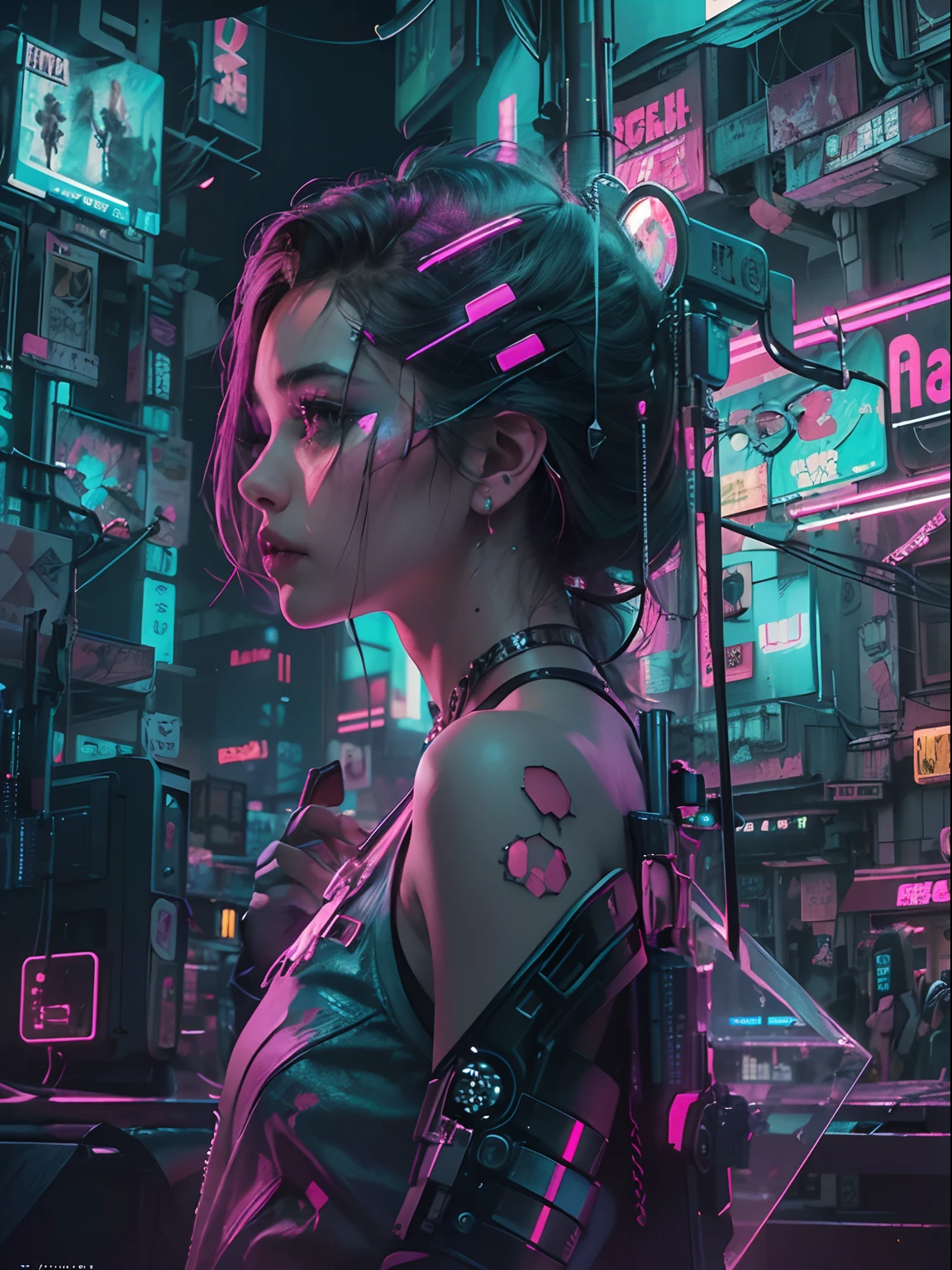 Unbeatable masterpiece, Ultra photo realsisim, Perfect Artwork, Intricate details, Best Quality, strong lights,High contrast,((Cyberpunk , outline):1.35) , ((masutepiece)),((Extremely detailed)) , ((extremely detailed and beautiful face)) , Smoky makeup, Perfectcomposition , intricate detailes , neon light , neon trim, (full body Esbian:1.25) , (offcial art) , Very delicately beautiful , (1girll:1.3) , Solo , (broken screen:1.2) , (Clear glass) , Tindall Effect , Colorful refraction , visual impact , (High light contrast) , Colorful , Melt , (Cyberpunk:1.2) ,(flinch :1.4) ,