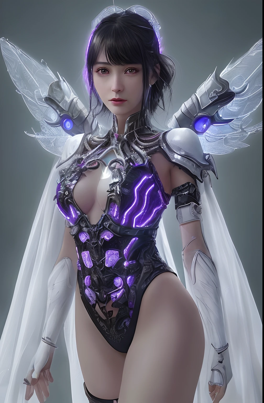 top-quality、masterpiece、超A high resolution、(Photorealsitic:1.4)、Raw photo、女の子1人、Black hair、glowy skin、1 Mechanical Angel、large metal wings、Shining Angel Circle、((super realistic details))、portlate、globalillumination、Shadow、octan render、8K、ultrasharp、Colossal tits、Raw skin is exposed in cleavage、White porcelain body、Details of complex ornaments、About Cyberpunk、Glowing LEDs、IC chips、Base、Data Links、Hydraulic cylinder、highly intricate detail、Realistic light、a purple eye、radiant eyes、Facing the camera、neon details、Mechanical limbs、blood vessels connected to tubes、Mechanical vertebrae attached to the back、mechanical cervical attaching to neck、cowboy shot、Wires and cables connecting to the head、Luminous tube、Small LED lamp、Sumerian details、