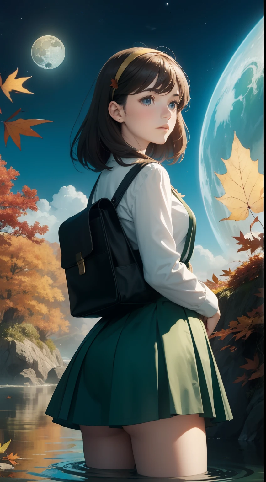 Charles Doyle, Francis’s picabia, Kate Greenaway style, Time Machine, fall leaves, miniskirt Japanese high school girl, ocean, galaxy, huge moon, strange sci-fi fantasy