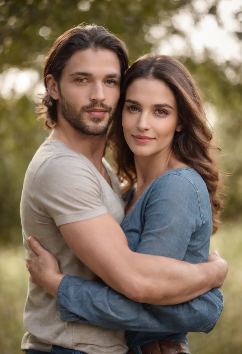 tez justa, mulher em torno de 28 anos, cabelos ruivos naturais, olhos castanhos, wearing a blouse with straps and jeans, slender and graceful, bonita, Ultra sharp focus, is embraced by a man around 35 years old, cabelos castanhos naturais, cabelos longos naturais, olhos castanhos, com barba ralada, vestindo camiseta preta e jeans, corpo normal, bonito, casal, are together and embraced, luz de velas em um ambiente noturno, Ultra sharp focus, tiro realista, cores tetradicas