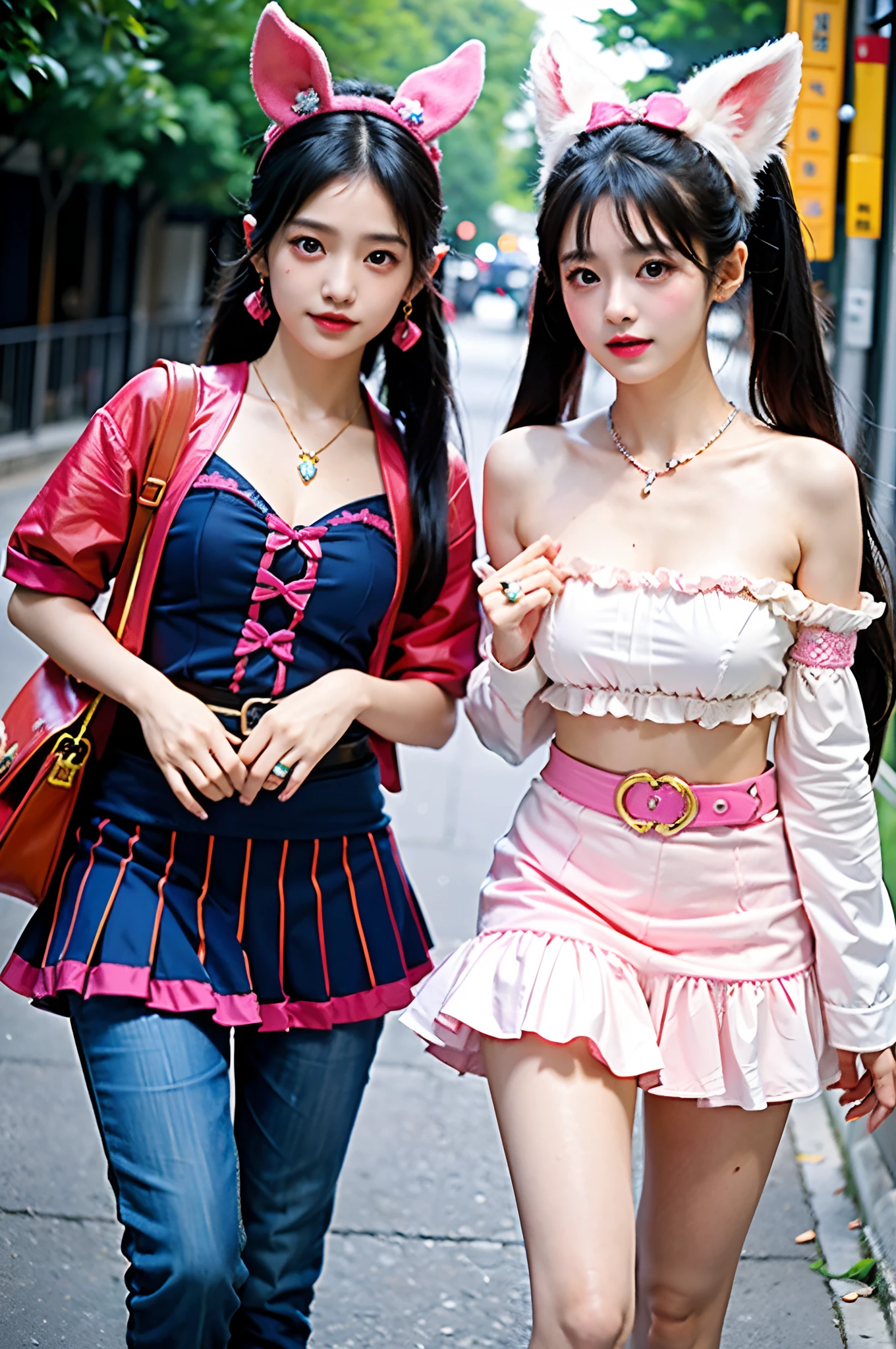 Best quality, Masterpiece, Extremely detailed, high resolution, 4K, 超高分辨率, Detailed shadows, Perfect light and shadow,duo, Two girls in trendy costumes taking selfies on the street, Fantasy world,colorful pigtail, anime cosplaying, Anime style mixed with Fujifilm, Cute, big laughter, , Sexy,(Alebriès Art Style),PureErosFace_V1,Urzang-6500-V1 Edition.1,fantastical outfit,The princess's eyes widened,Necklace of dreams,Fantastic ribbons,Dream rings,Fantastic jewelry,Fantastic hair accessory,Dream belt,Studio light,