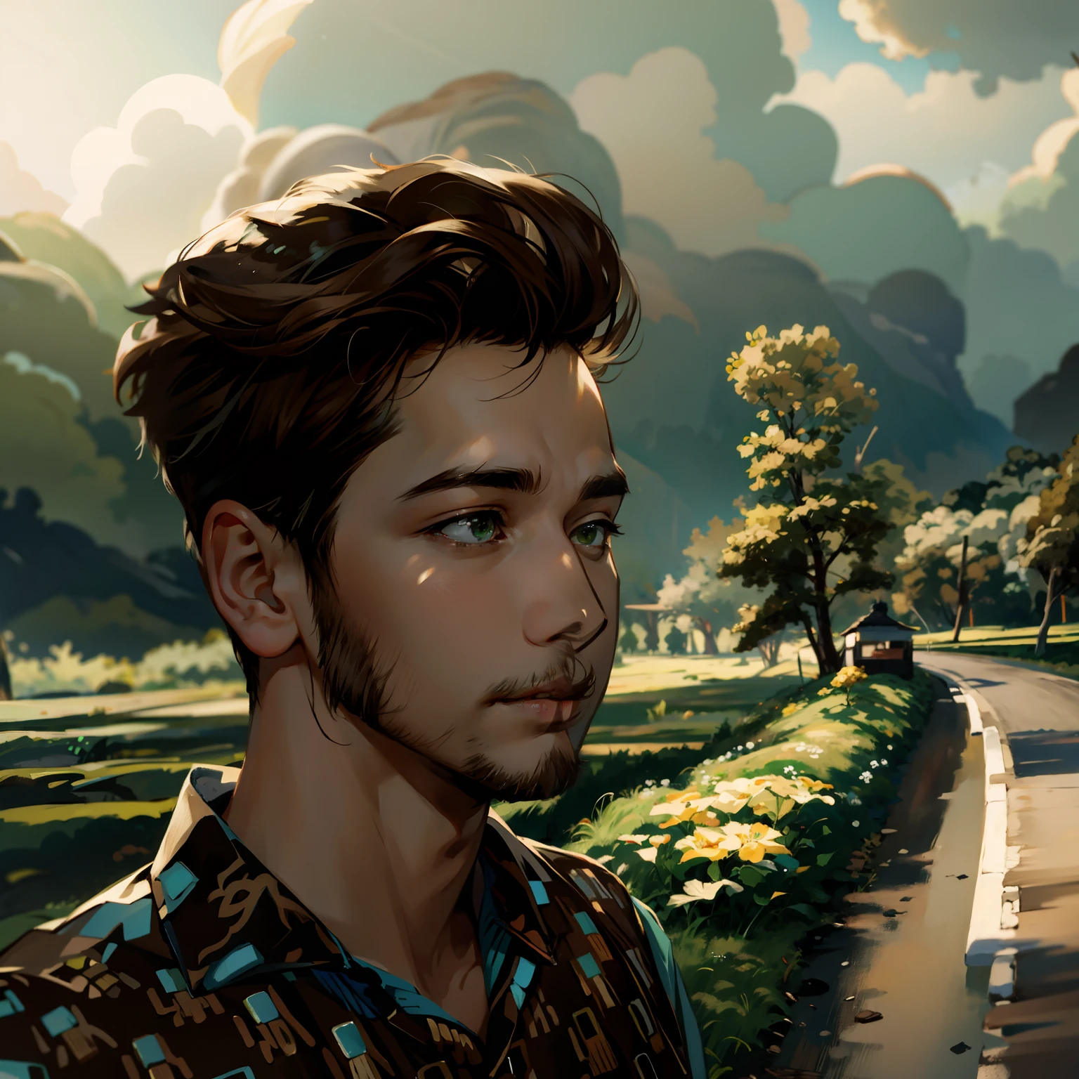 (3D:0.5,realistic:0.5,photorealistic:0.5),(absurdres,Super-resolution,masterpiece,best quality,finely detailed,absurdres:1.2), dramatic light, dramatic illumination, cinematic, anime scenery, makoto shinkai, ghibli, fantasy world, magical, (((1boy))), young male, short hair,(((middle hairstyle))), (((brown hair color))) irish male, nature, plants, leaves, green, (((portrait picture))), Smile softly, look at the camera, (((green eyes))