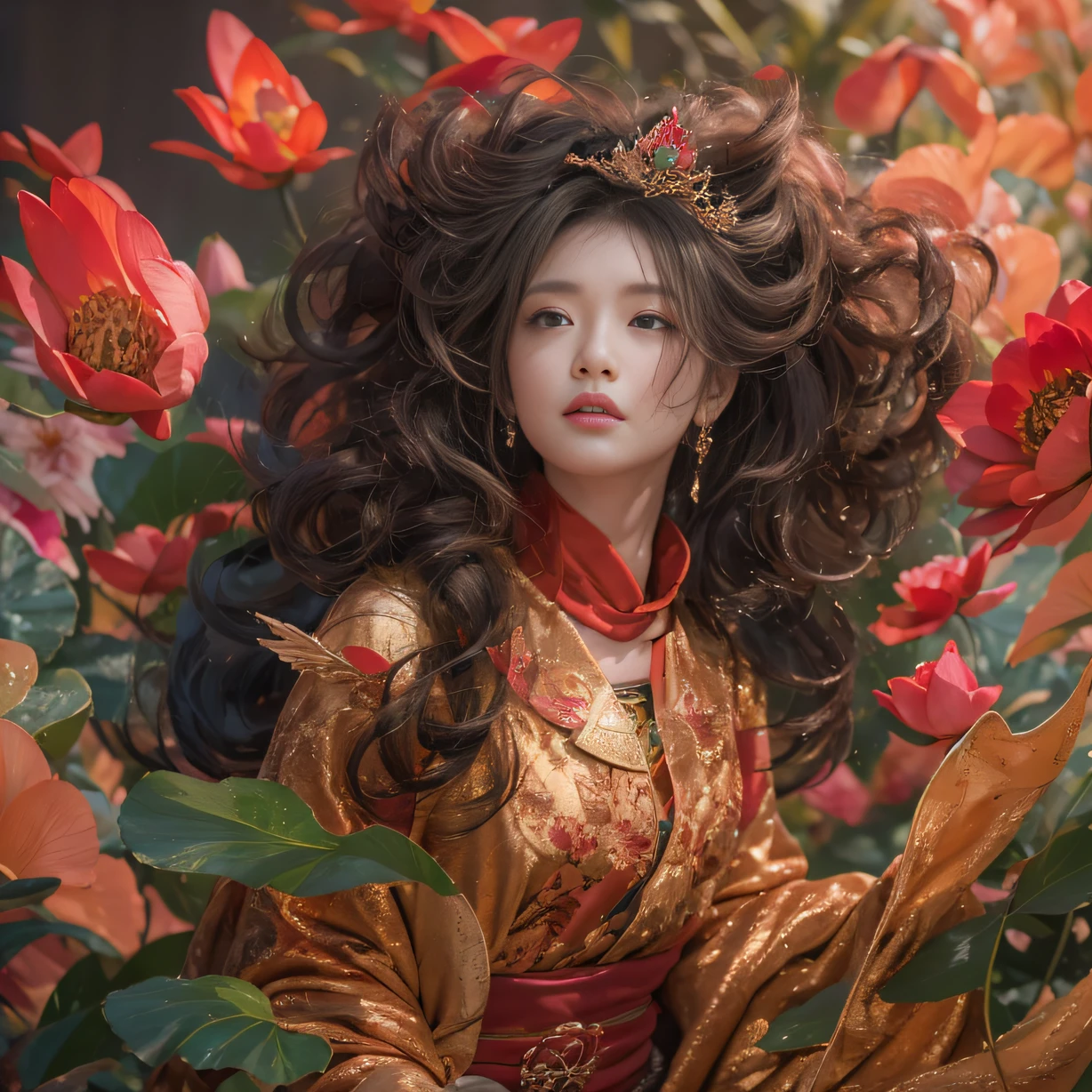32K(tmasterpiece,k hd,hyper HD,32K)curlies,Flowing rouge,ponds,zydink, a color, Liaoning people (Glamorous girls), (Silk scarf), Combat posture, looking at the ground, Flowing rouge curls,Green emerald tiara, Chinese long-sleeved rose gold garment, (Abstract gouache splash:1.2), Pink lotus background,Water lily flower protector(realisticlying:1.4),Rouge hair,Autumn is in full swing,The background is pure, A high resolution, the detail, RAW photogr, Sharp Re, Nikon D850 Film Stock Photo by Jefferies Lee 4 Kodak Portra 400 Camera F1.6 shots, Rich colors, ultra-realistic vivid textures, Dramatic lighting, Unreal Engine Art Station Trend, cinestir 800,Large curls,Flowing rouge
