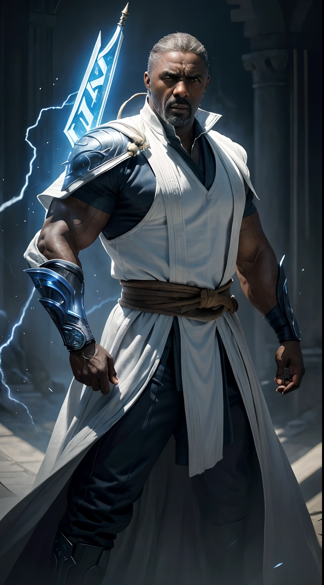 actor ((Idris Elba)) as Raiden, Mortal Kombat, wears white robe, a vietnamese hat, glowing blue eyes, wields staff, God of Thunder, protector of Earthrealm, intricate, high detail, sharp focus, dramatic, photorealistic painting art by greg rutkowski