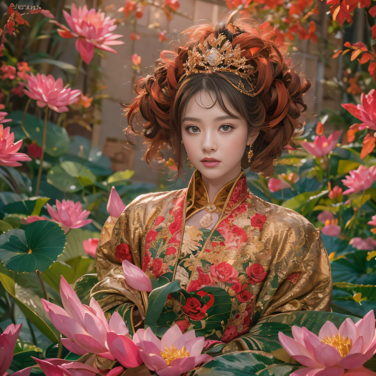 32K（tmasterpiece，k hd，hyper HD，32K）curlies，Flowing rouge，ponds，zydink， a color，  Liaoning people （Glamorous girls）， （Silk scarf）， Combat posture， looking at the ground，  Flowing rouge curls，Green emerald tiara， Chinese long-sleeved rose gold garment， （Abstract gouache splash：1.2）， Pink lotus background，Water lily flower protector（realisticlying：1.4），Rouge hair，Autumn is in full swing，The background is pure， A high resolution， the detail， RAW photogr， Sharp Re， Nikon D850 Film Stock Photo by Jefferies Lee 4 Kodak Portra 400 Camera F1.6 shots, Rich colors, ultra-realistic vivid textures, Dramatic lighting, Unreal Engine Art Station Trend, cinestir 800，Large curls，Flowing rouge