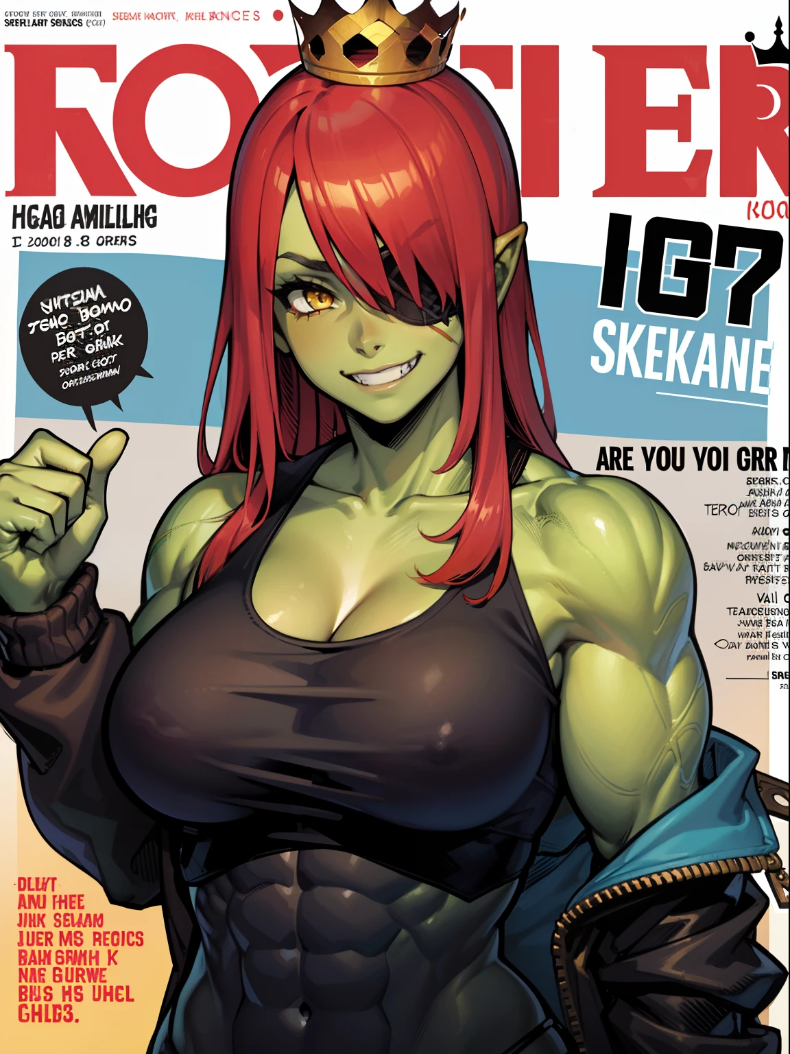 1girl,solo,yellow eyes,red hair,long hair, orc,orc girl,colored skin,green skin,large ,(crown) ,jacket,tank top,eyepatch,muscular female, grin, upper body,looking at viewer,magazine cover,