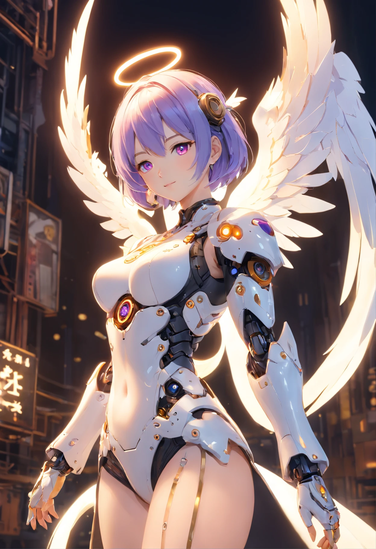 Create a bot、The gesture of the arrival of the angel、Suspended in mid-air、facing at camera、Complete body,in a panoramic view、12 to , With a charming smile, Trigger people's emotions, When you see him, top-quality、tmasterpiece、超A high resolution、(Photorealsitic:1.4)、RAW photo、Steampunk robot angel、Large wing made of metal、White porcelain body、whaite hair、glowy skin、Cyborg girl、((Super realistic details))、porate、The mechanical technology background evokes the aura of time,The gears are constantly spinning behind it、globalillumination、black shadows、octan render、8K、ultrasharp、Character edge light,Colossal tits、Raw skin is exposed in cleavage、Details of complex ornaments、Acrylic transparent cover、Sumerian details、Hydraulic cylinder、small led lights、highly intricate detail、Realistic light、a purple eye、Radiant eyes、Facing the camera、neon light detail、cow boy shot、Futuristic headgear、Floor plan about the《cyber punk perssonage》、Extra meticulous、future-tech、Faraway view、Full body photo、