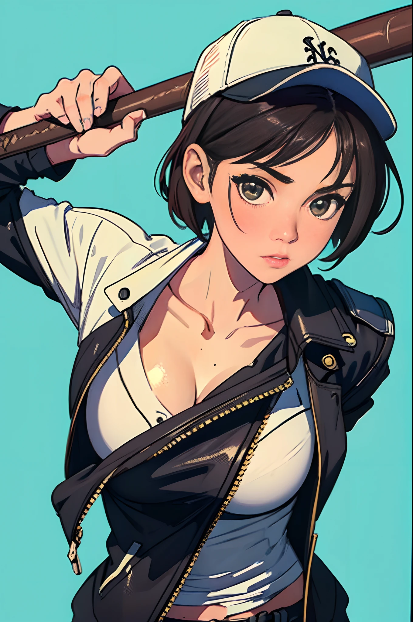 a sexy girl, ((holding a baseball bat on his shoulder)), in a leather jacket, looks directly at the viewer, A bold look, Simple background, Fewer details,