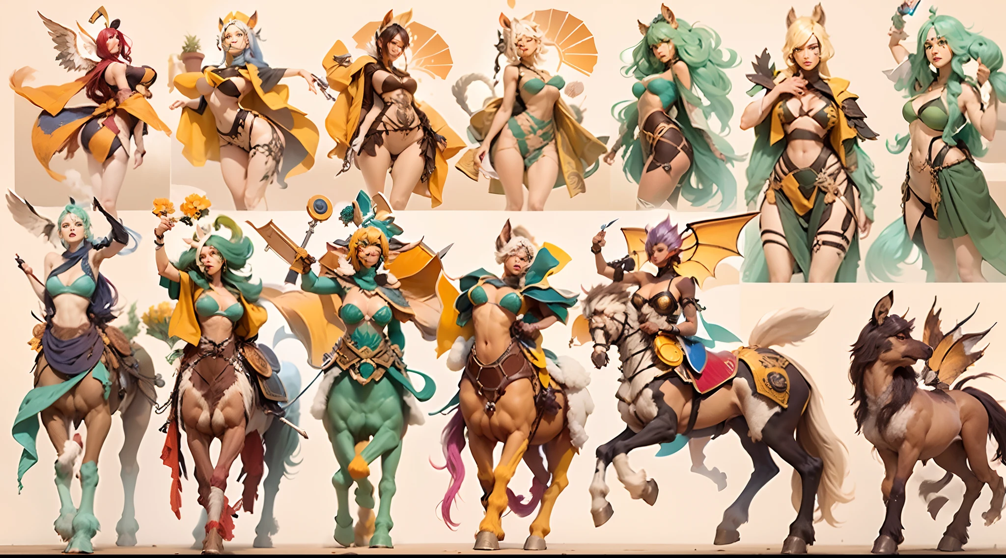 In the beautiful illustration of this super-grand scene,The ultra-distant lens shows us(Over eight separate and distinctive centaur characters:9.9),They all have their own characteristics,Vivid and interesting。Radiant from the heavens(Angelic centaurs:6.6),To nightmarish is(Centaurs surrounded by flames:6.6)、And then to the wind dancing in the air(Fairy centaurs:6.6)、And thunder and lightning surrounding(One-horned centaur:6.6),and shining metallic ones(Mechanical style centaur:6.6)、And then(A centaur with colorful dragon scales covering the whole body:6.6)The power is powerful、Elegant and agile(Elf centaur's slenderness:6.6)Gracefully wears a flower crown、Enchanting and charming(Tiflin centaurs:6.6)、Have the indescribable(Raised sexy:6.6)'s(Succubus centaurs:6.6)。Each character has their own unique charms and abilities。The illustration uses advanced artistic techniques and tools,(Divide the scene into sections by geometric arrangement:9.9),Each section corresponds to a centaur character,This makes more efficient use of space。Through Midjourney's advanced brush tools、Color palette、Material packs and model packs、Texture tools,For each centaur, beautiful props are designed to increase racial characteristics、Clothing and physical features,(Enhances the character's personality and visual appeal:2.5),The scenery in the illustrations is stunning,There are changing skies、rainbowing、extreme light、Stars and Moon。Incorporating iconic landmarks such as Mount Everest,and fireworks、tranquil lake、Natural and urban elements of waves and neon lights,Creates a magical atmosphere,The centaurs display their unique abilities and equipment in a variety of environments,This is true even in extreme alien landscapes。(Use Midjourney's tools、Material packs、Texture tools、The color palette makes depicting details vivid and realistic:9.9),From complex hairstyles and as well as different racial traits、Body、Appearance features、Clothing to real textures,This greatly enhances the realism of the cha