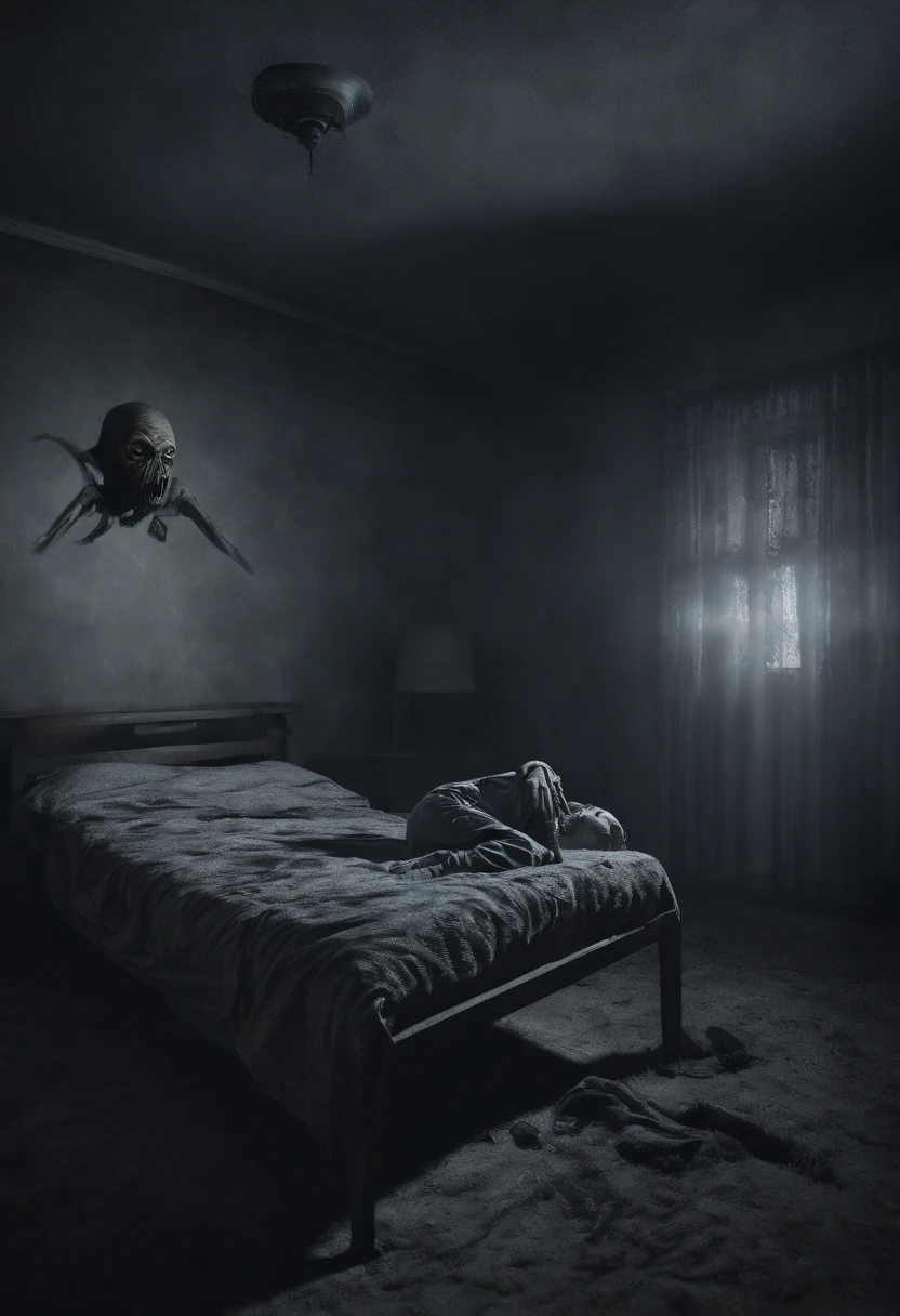 low quality, masterpiece, realistic, ultra detail, photo realistic, hyper realistic camera footage of a gray alien kidnapping a sleeping child in a bedroom, night vision