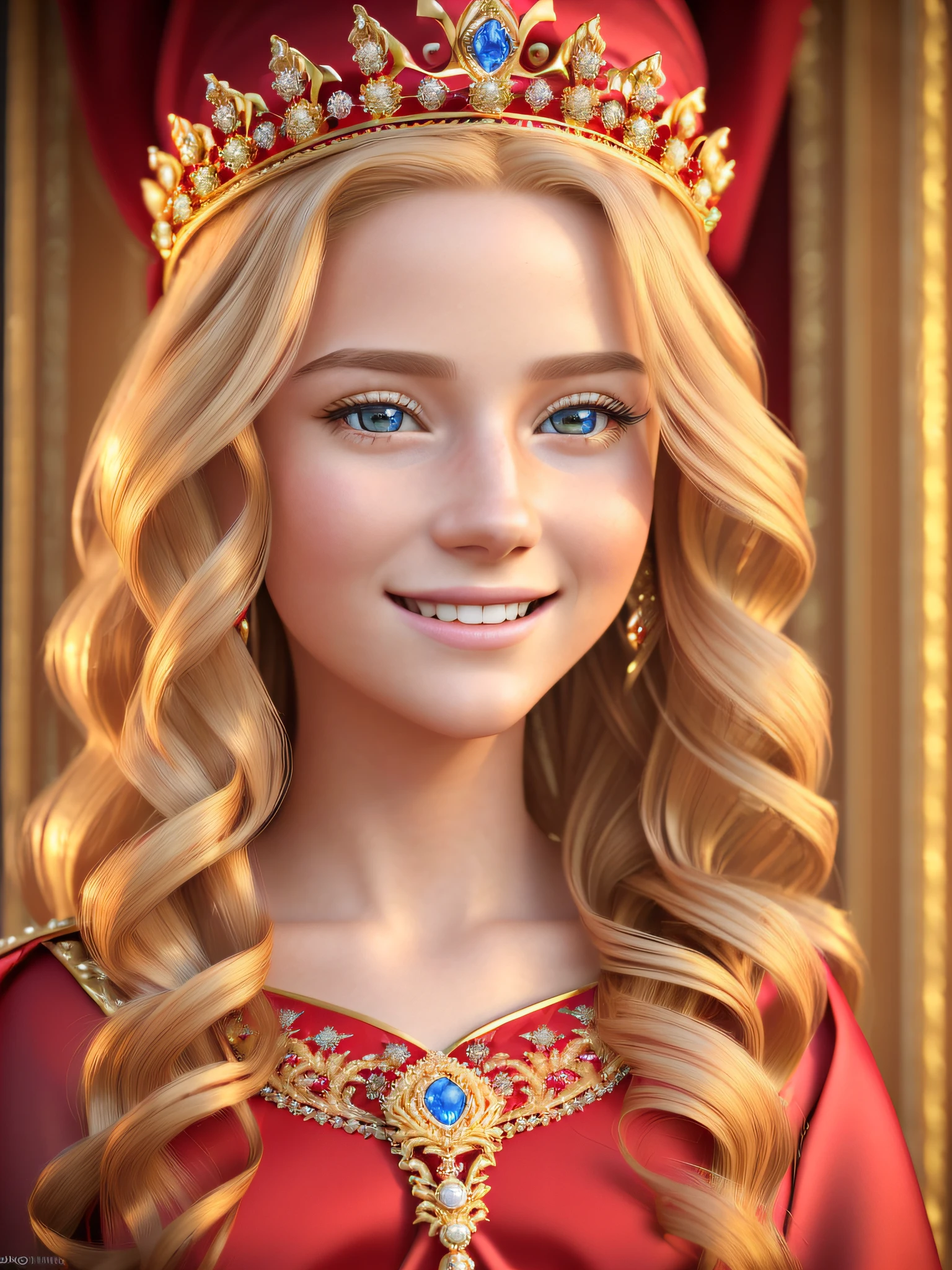 (best quality,4k,8k,highres,masterpiece:1.2),ultra-detailed,(realistic,photorealistic,photo-realistic:1.37), a beautiful blonde young princess with wavy long hair, red gown, detailed sparkling eyes, golden crown with jewels, modest red princess gown, chaste, smiling, happy