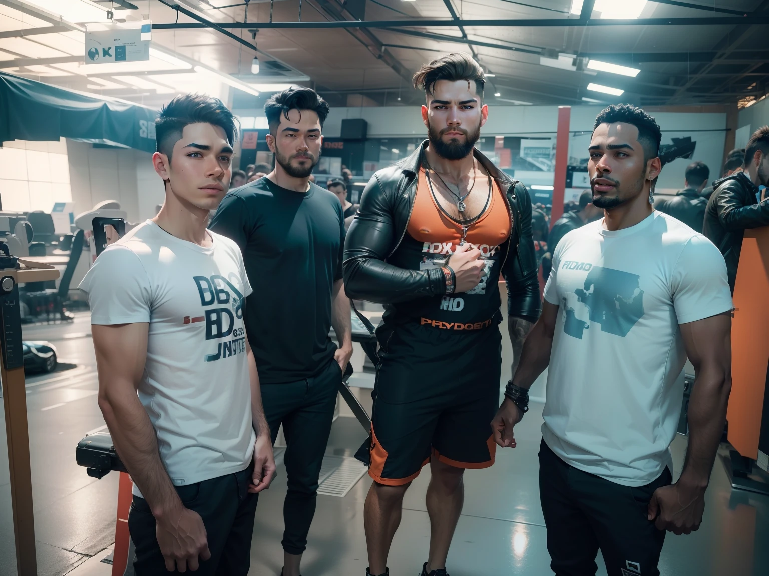 (Dark boy) A two boys in the bodybuilding competition, (2 boys) ((Teenon stage with others bodybuilders at his sides of 15 yearsn ethnicity) wearing a tiny thong (metallic color: silver thong) tan skin massive muscular bodybuilder with extraordinary biceps pectorals triceps traps, plump, Gigachad