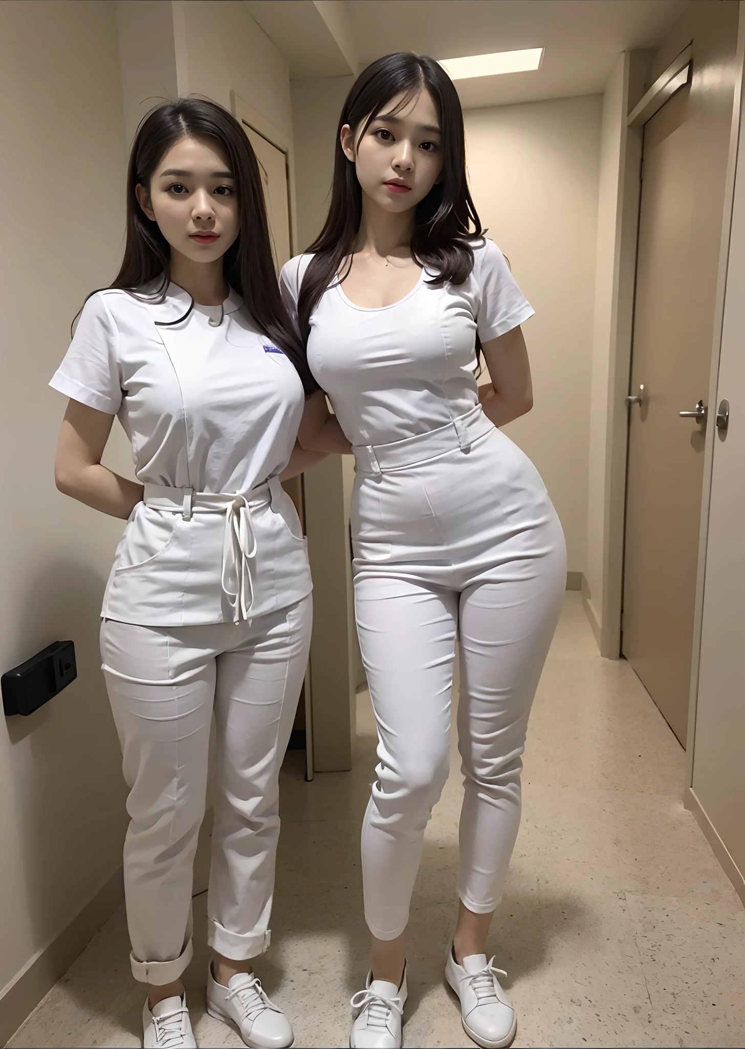 There was a woman in a white uniform, Nurse, full-body xianxia, nurse girl,  healthcare worker, Fitted nurse uniform，Split nurse overalls，Skinny white trousers，Nice nurse shoes，Full breasts，Slim waist，Rounded buttocks，Stand dignified and generous，fully body photo