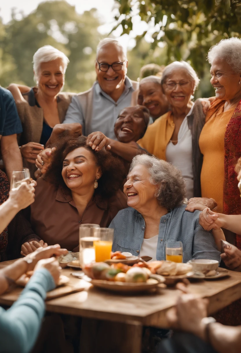 (best quality,8k),(realistic:1.37),group of disabled individuals and senior citizens laughing and sharing stories at a table,inclusive social event,happy atmosphere,warm lighting,heartwarming scene,diverse group of people,joyful expressions,engaging conversation,meaningful connections,positive emotions,intergenerational gathering,community bonding,inspiring moments,respectful interaction,lively ambiance,friendly faces,inclusive environment,unforgettable memories,celebrating diversity,unconditional support,empathy and compassion,creating lasting friendships,uplifting spirit,capturing the beauty of human connection,celebrating life,includes wheelchair users and elderly individuals,enjoying each other's company,nurturing relationships,creating a sense of belonging,positive impact on mental well-being,age-friendly atmosphere,spreading happiness,interacting with compassion,detailed facial expressions,sparkling eyes,bright smiles,colorful outfits,happy tears of laughter,generating warmth and positivity,vivid colors of love and joy,beautifully captured moments,memorable stories shared,highlighting the importance of inclusivity and diversity.