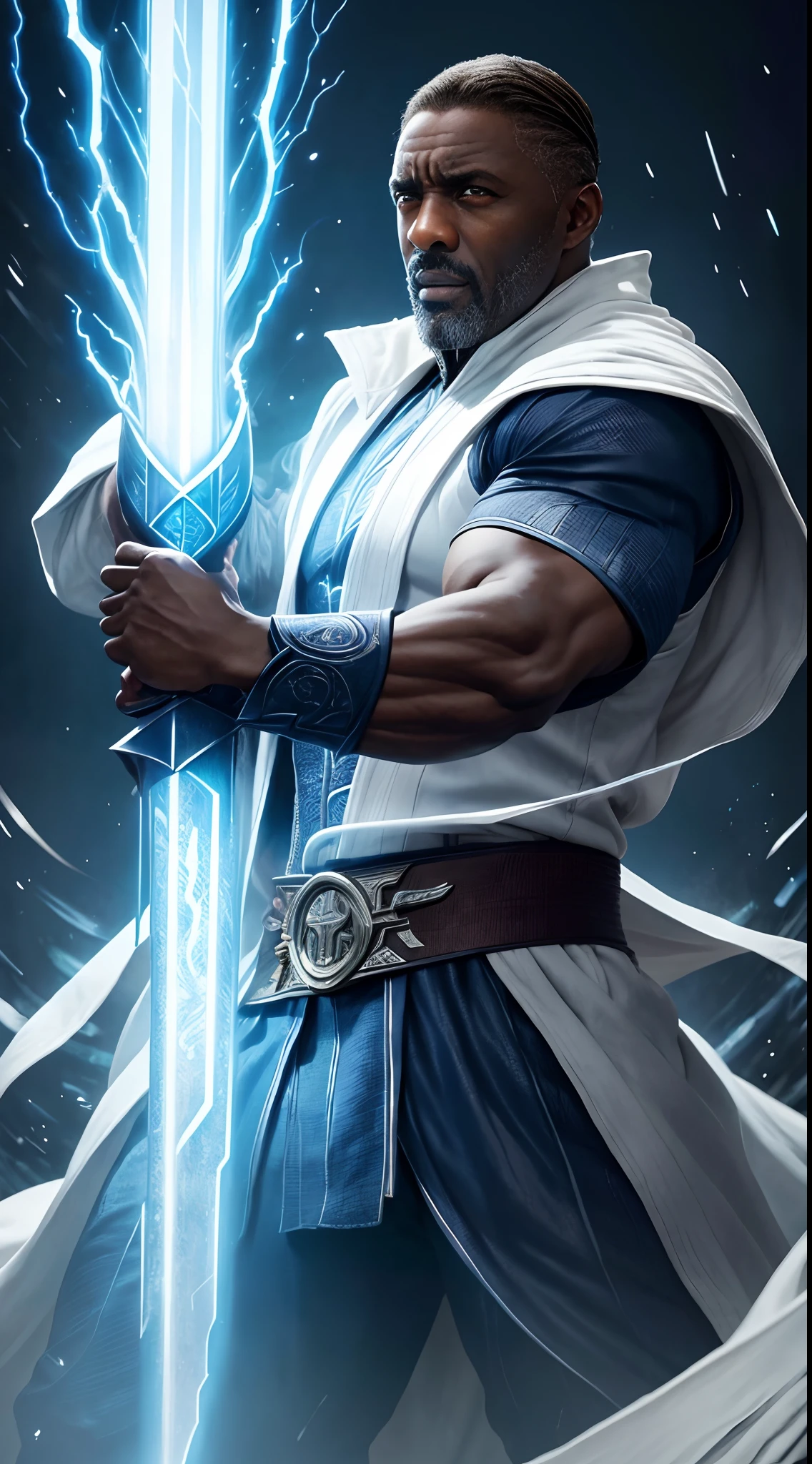 actor ((Idris Elba)) as Raiden, Mortal Kombat, wears white robe, a vietnamese hat, glowing blue eyes, wields staff, God of Thunder, protector of Earthrealm, intricate, high detail, sharp focus, dramatic, photorealistic painting art by greg rutkowski