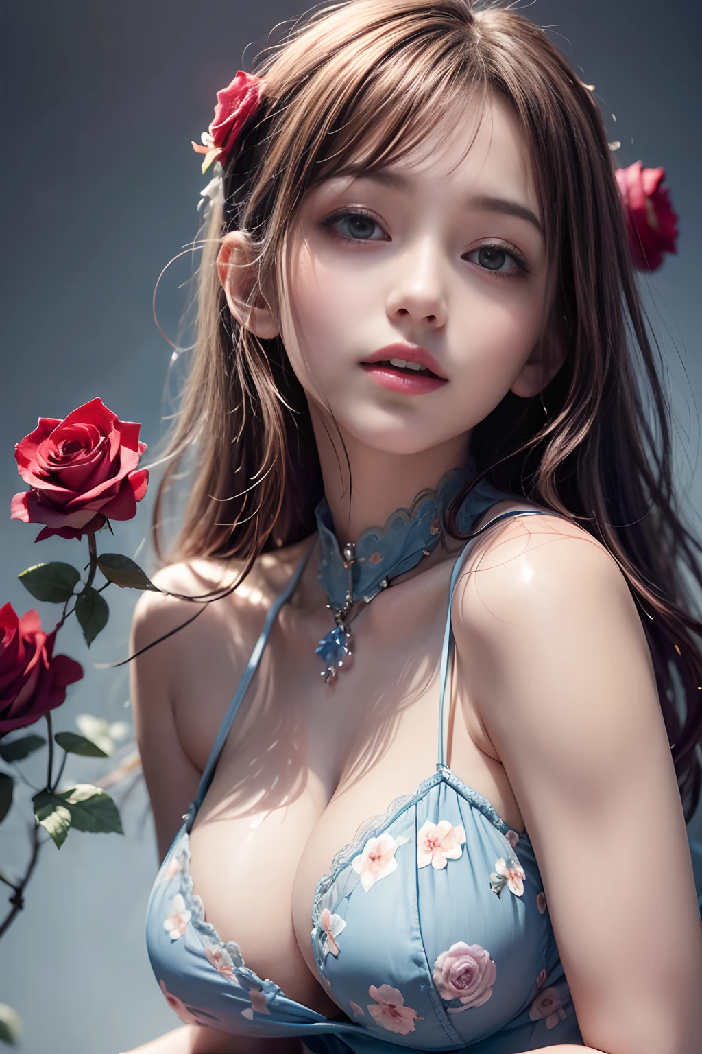 ((1 Young and beautiful girl:1.2)), cute little, (8K, Raw photography, top-quality, ​masterpiece:1.2), high-definition RAW color photography, professional photograpy, ciinematic light, (masuter piece:1.5), (top-quality:1.2), (ssmile:1.2), (cleavage of the breast:1.2), Slender beautiful girl, blue eyess, Sexy and cool, with floral pattern, opened breast,  bare shoulders​, pubick hair, (cameltoe details), Pleasure, feels good, Opening Mouth, roses, florals,