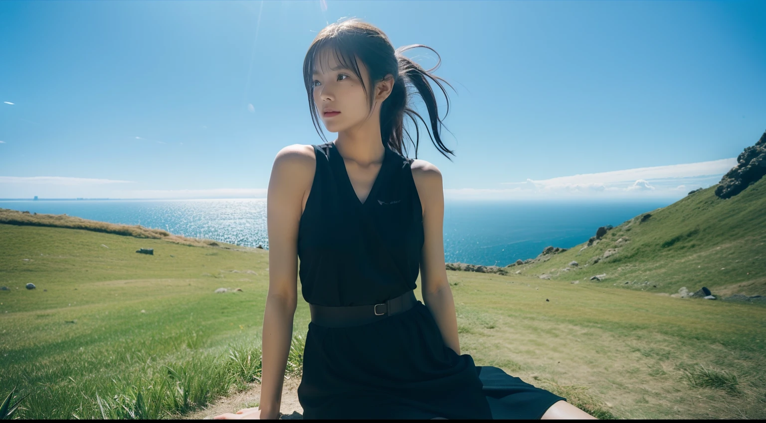 (Full body:1.5)，(1girl in:1.3),(view the viewer:1.4)，(anatomy correct:1.4),(Sitting at the top of a mountain:1.2)、(Accurate and perfect face:1.3),(Long legs:1.3),hyper HD, Ray traching, reflective light， Structurally correct, awardwinning, high detailing, Lighten the shade contrast, Face lighting ，Cinematic lighting, masutepiece, super detailing, High quality, high detailing, Best Quality, High contrast,a scene from a movie、mare