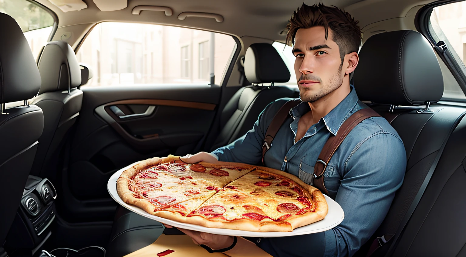 man in a car's back seat, holding a large pizza box, open door perspective