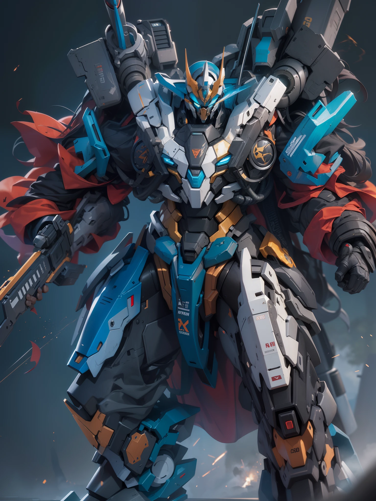 ((battlefield background, distruction, explosion)) ((sitting pose)) Hyper realistic illustration of super advanced ai 4D real life size of Gundam Venom, asgard armor, Asgardian element, Blue and Red Color wearing huge futuristic robe, neat and tidy body shape:: holding Super massive weapon, long shot, centered image, full view, hand granade, bulky, futuristic design, stylish weapon element, nerf weapon inspired, gunpla weapon inspired, color balance, clean and sharp image, nice brightness, dynamic shading, Nikon D4:: inspired by world class weapon illustration artist::