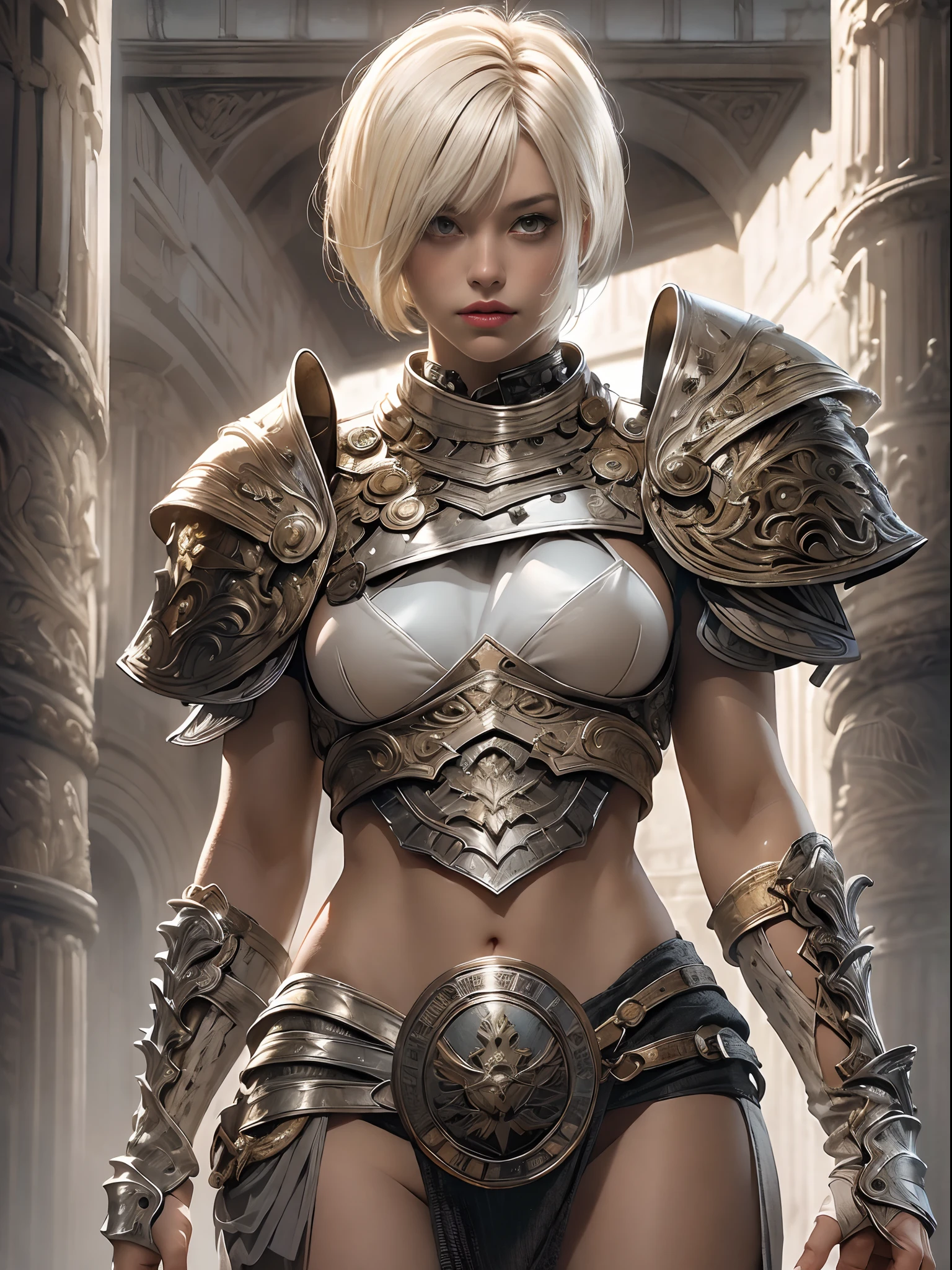 (((of the highest quality: 1.4))),(unparalleled masterpiece ever), (Ultra high definition),(Ultra realistic 8K CG), (((adult body))), (((1girl in))), ((( Bob Shorthair ))), Gladiators with perfect bodies,,Beautiful and well-groomed face,muscular body:1.4,Detailed breastplate, gauntlets、is standing, (Image from head to thigh),(( White Blonde Bob Shorthair )),, Simon Bisley's urban savage style,Detailed ancient Roman background,Clean abs, Complex equipment, Dark brown with white stars and gray and white stripes,,,s Armor, Poison tattoo