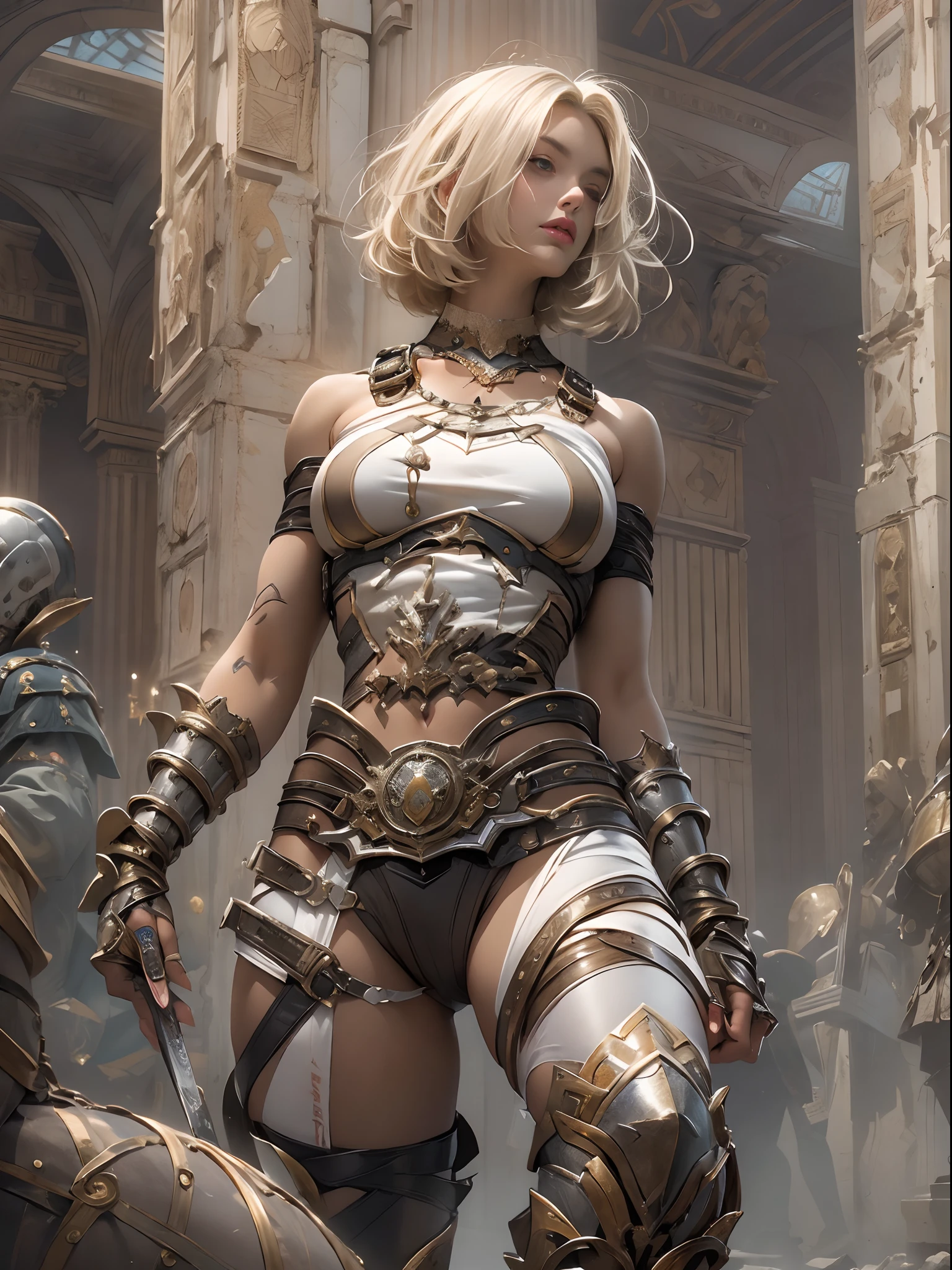 (((of the highest quality: 1.4))),(unparalleled masterpiece ever), (Ultra high definition),(Ultra realistic 8K CG), (((adult body))), (((1girl in))), ((( Bob Shorthair ))), Gladiators with perfect bodies,,Beautiful and well-groomed face,muscular body:1.4,Detailed breastplate, gauntlets、is standing, (Image from head to thigh),(( White Blonde Bob Shorthair )),, Simon Bisley's urban savage style,Detailed ancient Roman background,Clean abs, Complex equipment, Dark brown with white stars and gray and white stripes,,,s Armor, Poison tattoo
