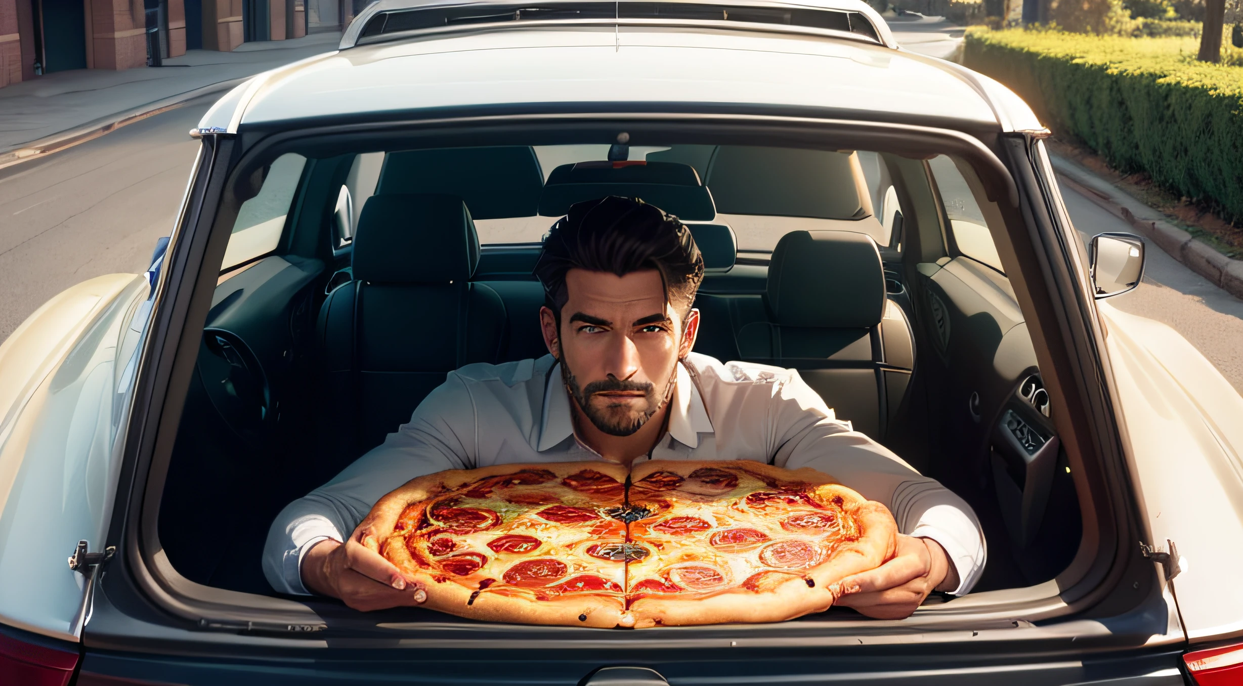 man in a car's back sit, holding a large pizza box, open door perspective