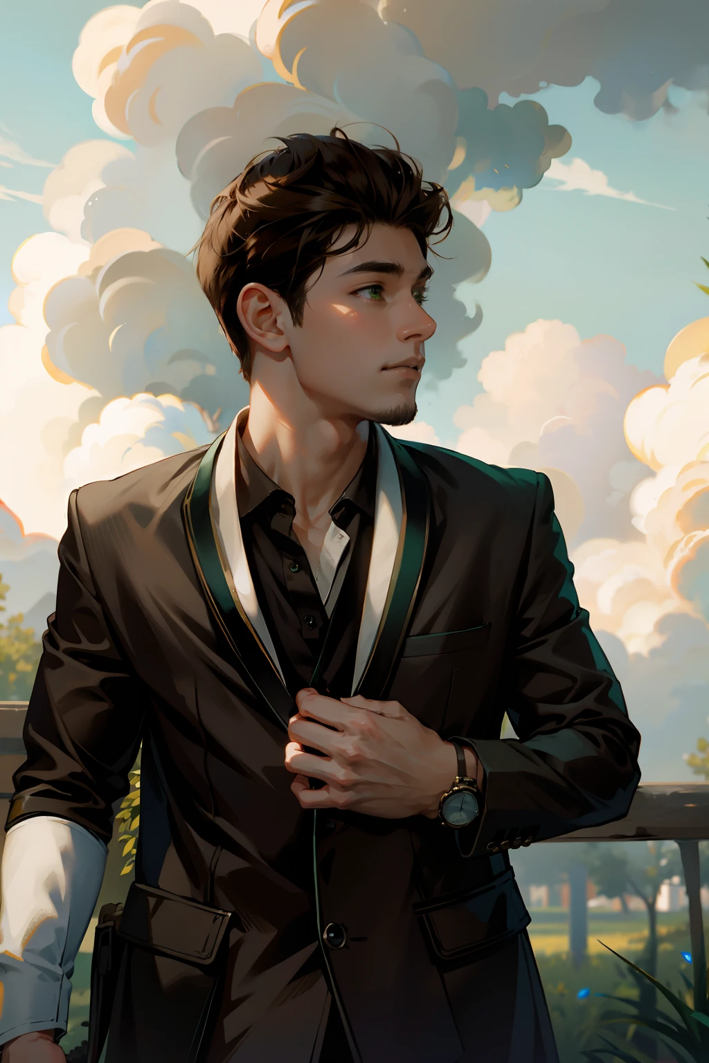 (3D:0.5,realistic:0.5,photorealistic:0.5),(absurdres,Super-resolution,masterpiece,best quality,finely detailed,absurdres:1.2), dramatic light, dramatic illumination, cinematic, anime scenery, makoto shinkai, ghibli, fantasy world, magical, (((1boy))), young male, short hair,(((middle hairstyle))), (((brown hair color))) irish male, nature, plants, leaves, green, (((portrait picture))), Smile softly, look at the camera, (((green eyes))