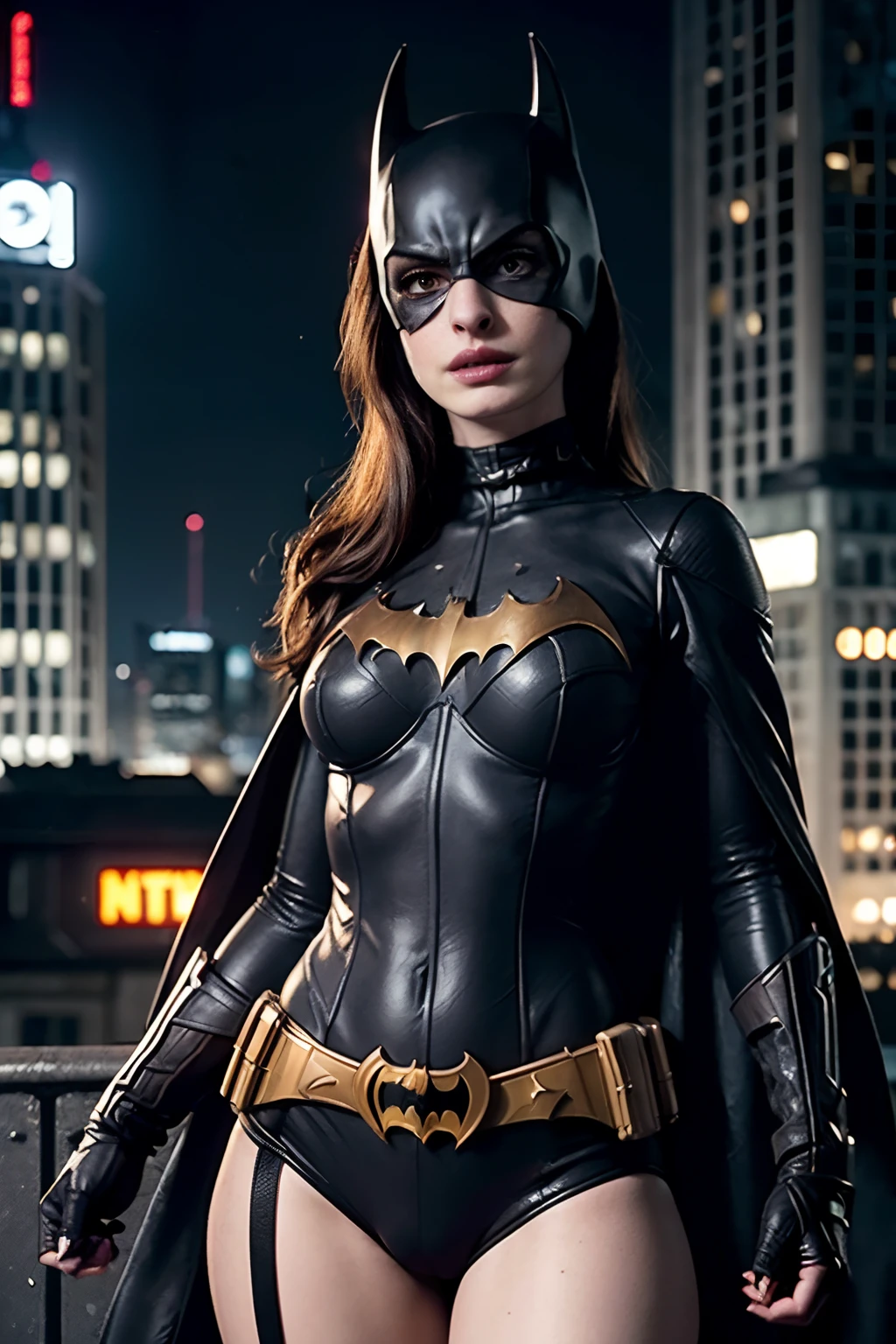 ((Anne Hathaway as Batgirl holding a Batarang)), wearing cyberpunk Batgirl armor with cape, (dynamic pose), red hair, athletic build, tight costume, very beautiful, ((sexy, small natural breast, cleavage, nippin, camel toe)),  (highly detailed skin: 1.2), serious face, beautiful face, highly detailed skin, skin pores, (highly detailed face:1.1), (highly detailed eyes:1.1), realistic pupils, full face blush, full lips, (perfect anatomy:1.1), (perfect proportions:1.1), (photography:1.1), (photorealistic:1.1), volumetric lighting, dynamic lighting, real shadows, (highres:1.1), sharp focus, (realistic, hyperrealistic:1.4), intricate, high detail, dramatic, subsurface scattering, vivid, polished, sharpened, 35mm, 8k, (((Night photography, Gotham city background)