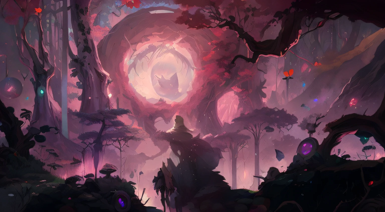 Anime - Pintura de estilo de un hombre en un bosque con un objeto circular gigante, Arte conceptual colorido, Detailed 2D Digital Fantasy Art, Arte de fondo, Magical Fantasy 2 D Concept Art, painterly concept art, Magical concept art, pintado como un arte conceptual de juego, Concept Art Wallpaper 4K, Jen Bartel, digital 2d fantasy art, Bosque Planeta Niebla Rosa