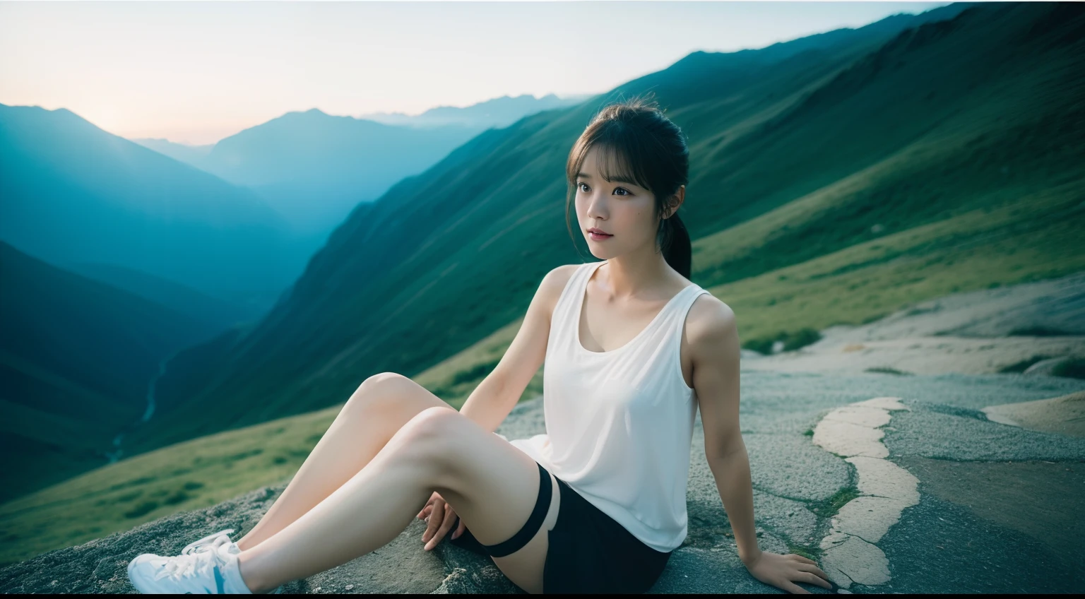 (Full body:1.5),(1girl in:1.3),(view the viewer:1.4),(anatomy correct:1.4),(Sitting at the top of a mountain:1.2)、(Accurate and perfect face:1.3),(Long legs:1.3),hyper HD, Ray traching, reflective light, Structurally correct, awardwinning, high detailing, Lighten the shade contrast, Face lighting ,Cinematic lighting, masutepiece, super detailing, High quality, high detailing, Best Quality, High contrast,a scene from a movie、mare